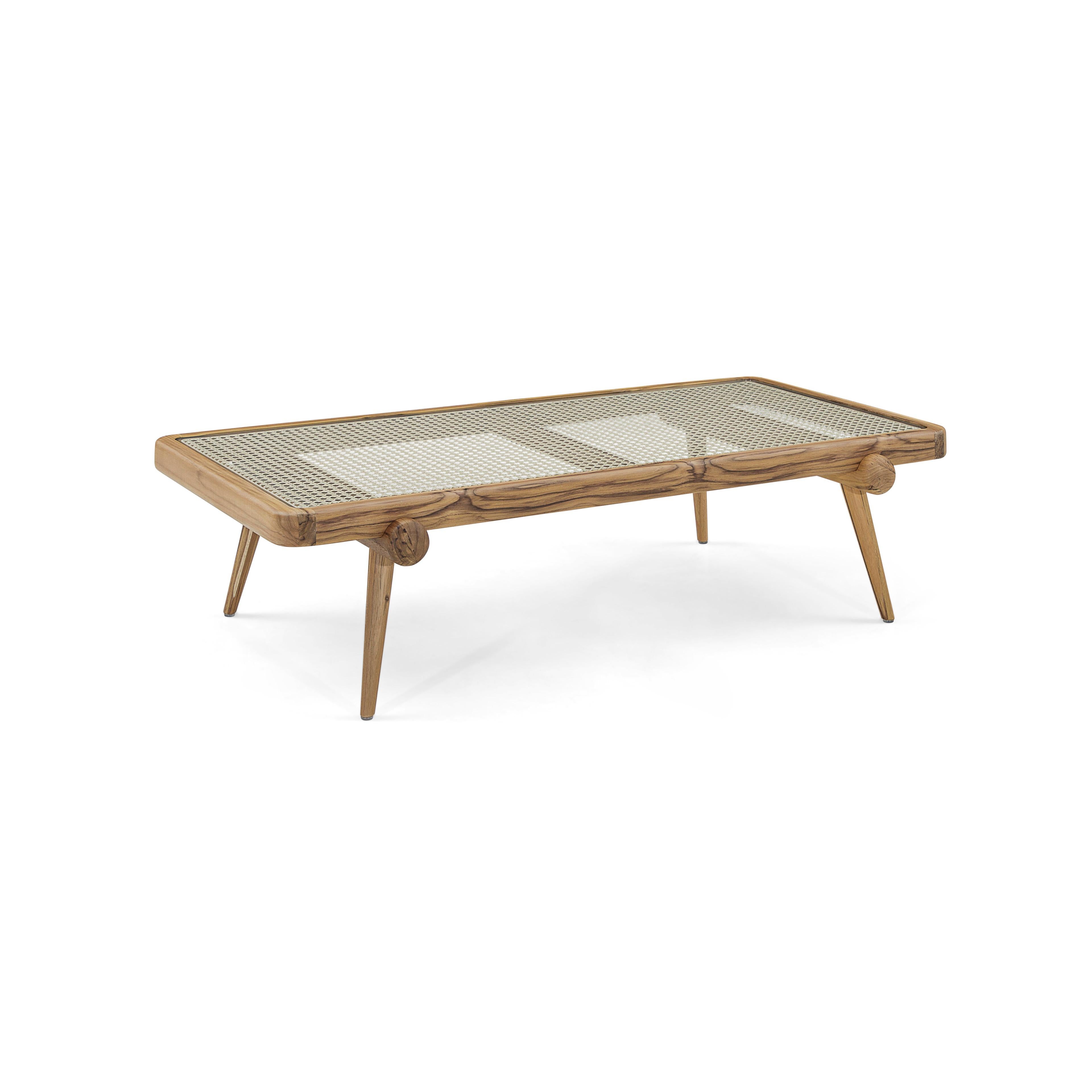Brazilian Plot Coffee Table in Teak Wood Finish with Cane Under a Tempered Glass Top For Sale