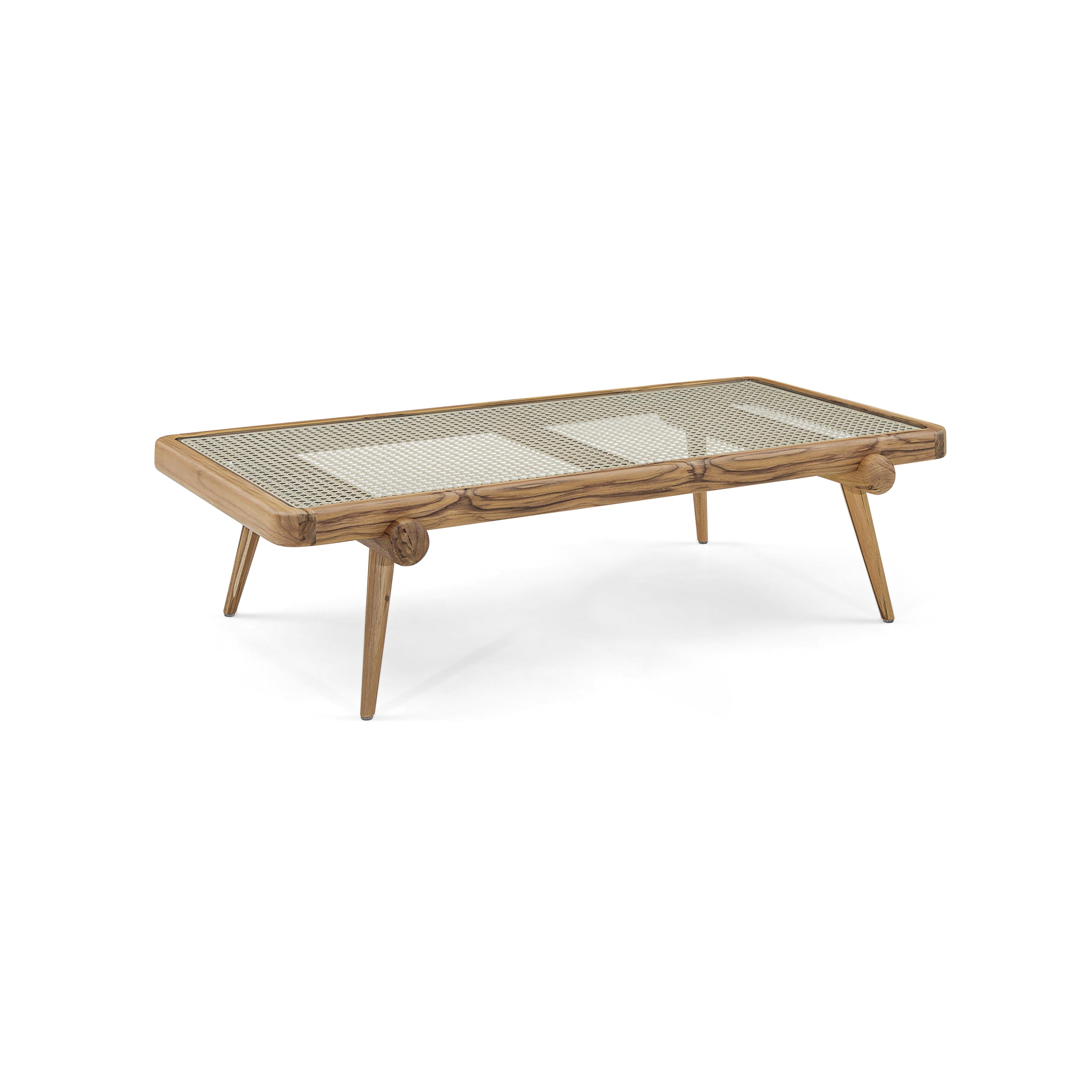 Table basse Plot en bois de teck avec canne naturelle sous plateau en verre trempé Neuf - En vente à Miami, FL