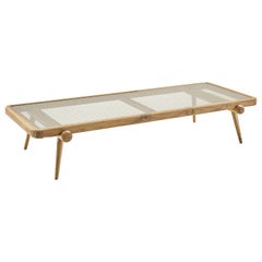 Plot Coffee Table in Teak Wood Finish with Cane Under a Tempered Glass Top
