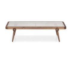 Walnut Finish Coffee Table with 47-Inch Cane and Glass Top - Plot Line