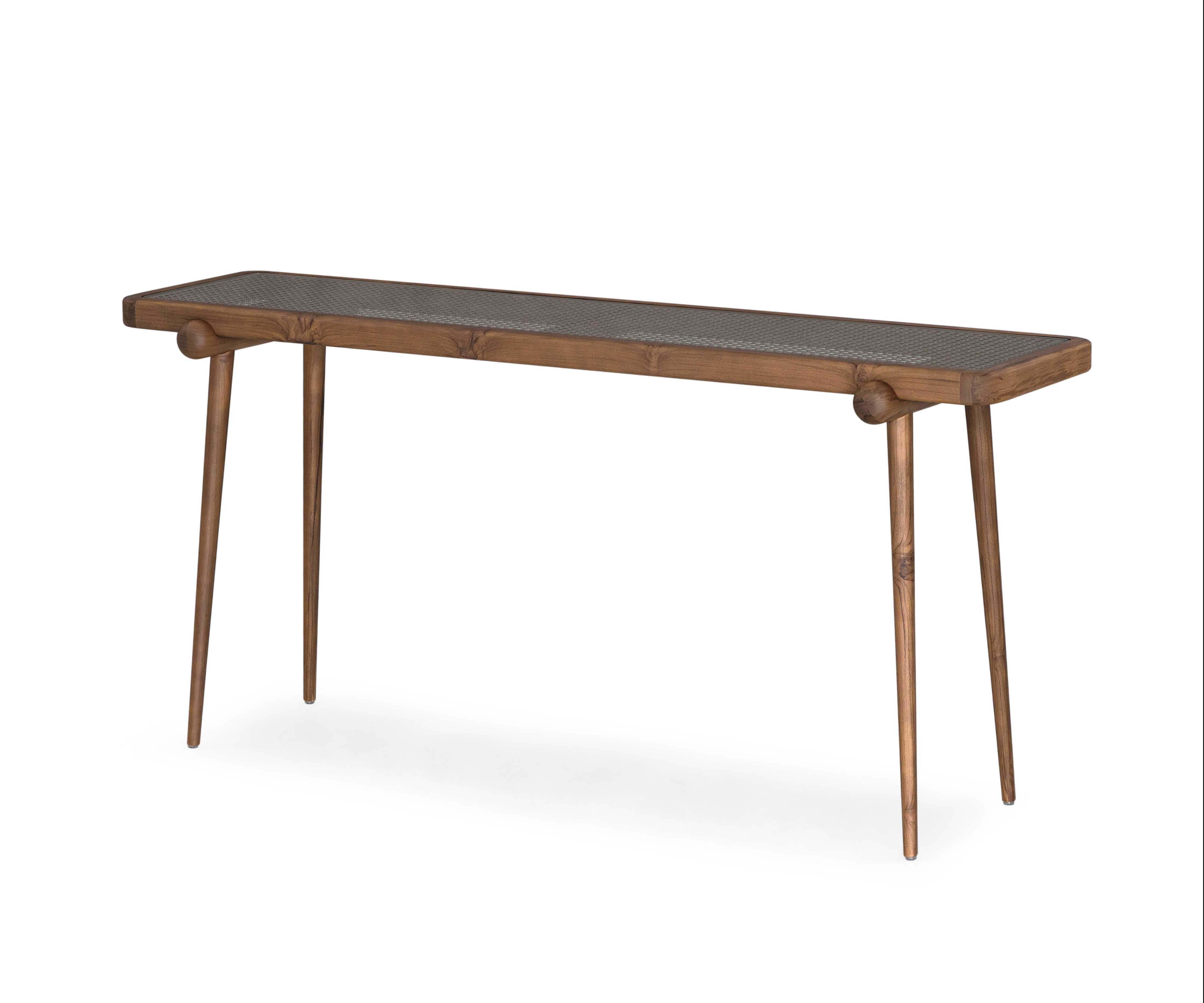 A Plot console table designed by Uultis Studio in walnut finish with walnut cane under glass. The Plot console table captures the timeless elegance of vintage-inspired design, elevated with modern craftsmanship. Featuring a solid teak wood frame