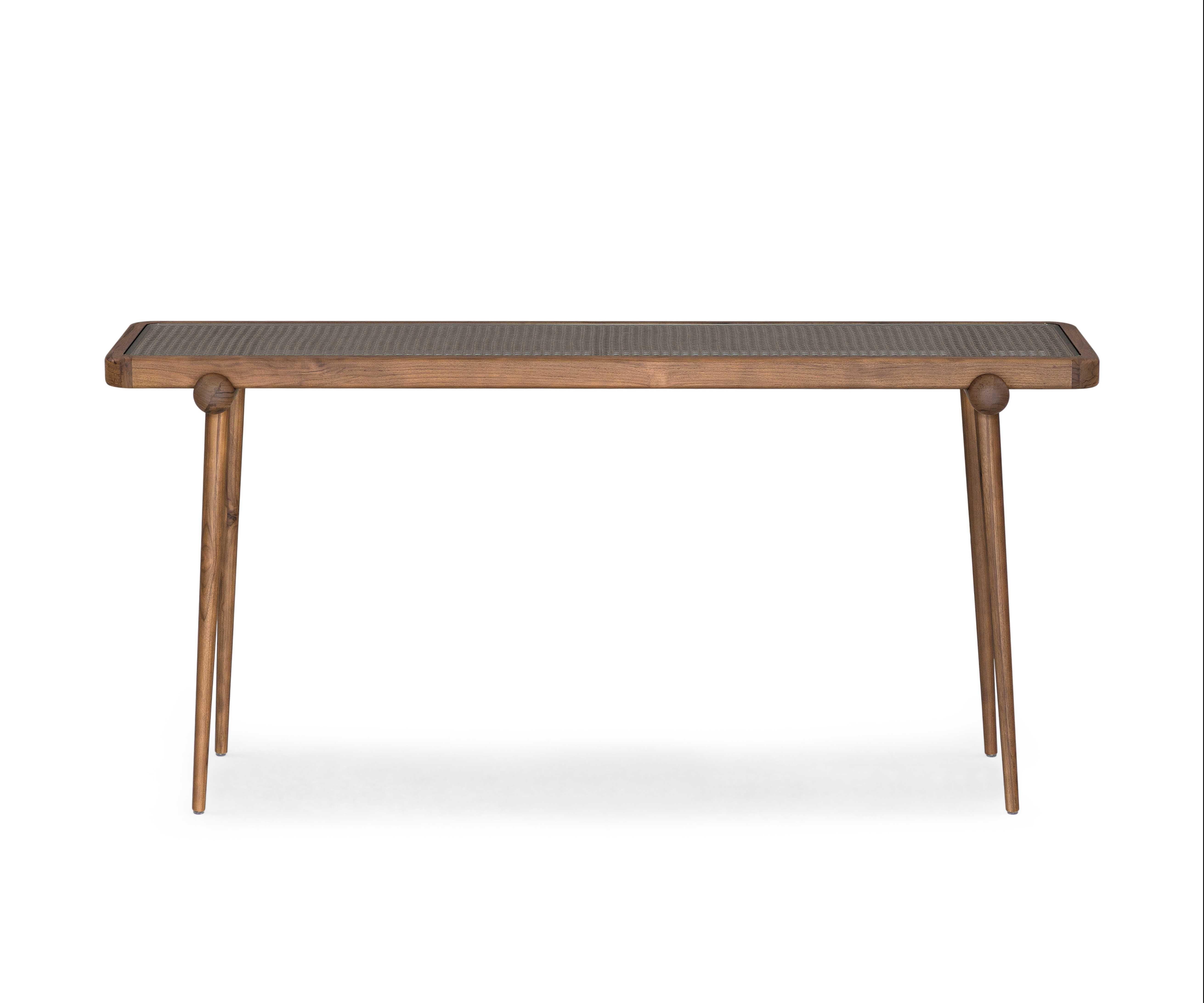 Modern Customizable Walnut Console Table with Cane and Glass Top - Plot Collection For Sale