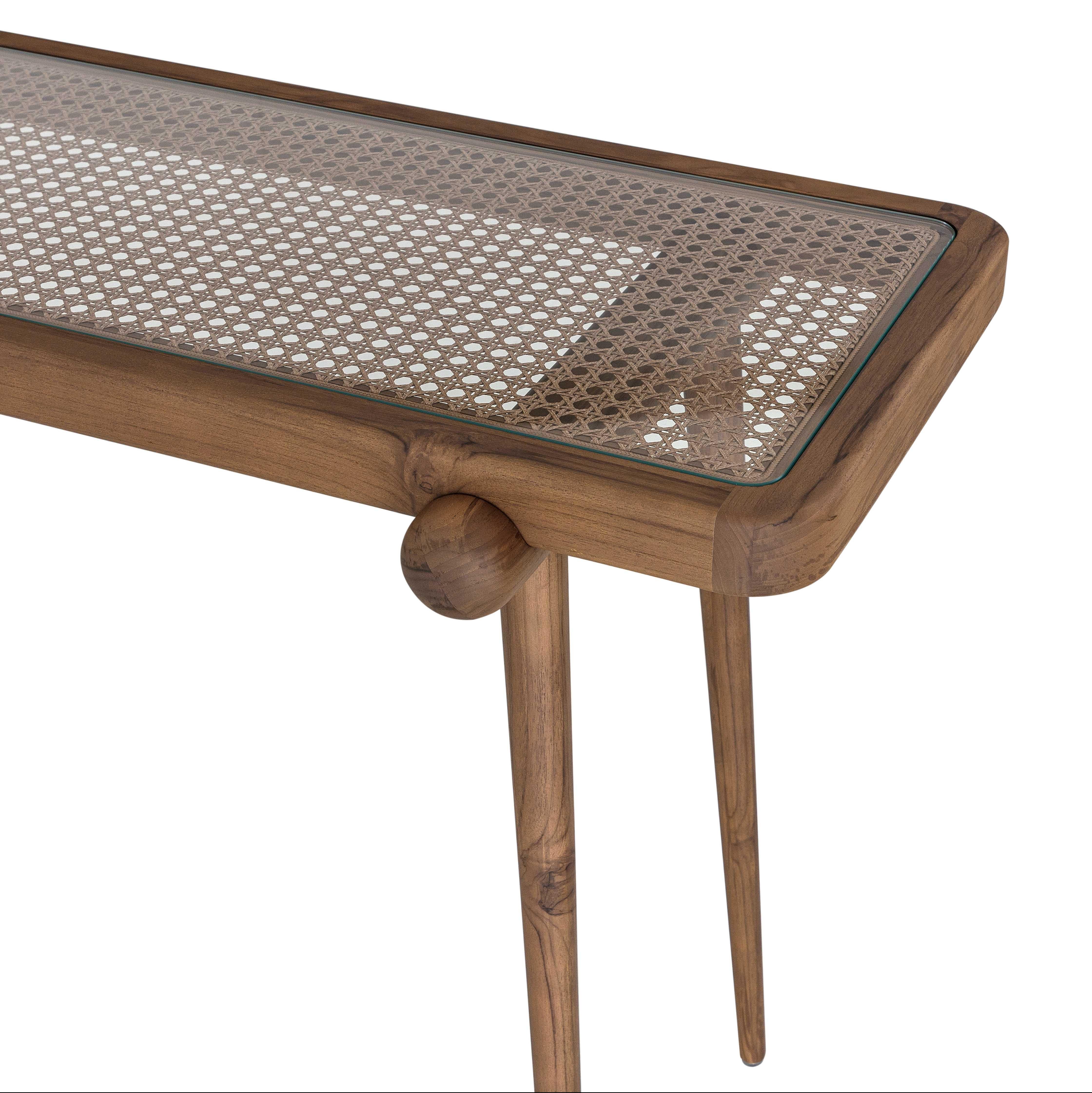 Dyed Customizable Walnut Console Table with Cane and Glass Top - Plot Collection For Sale
