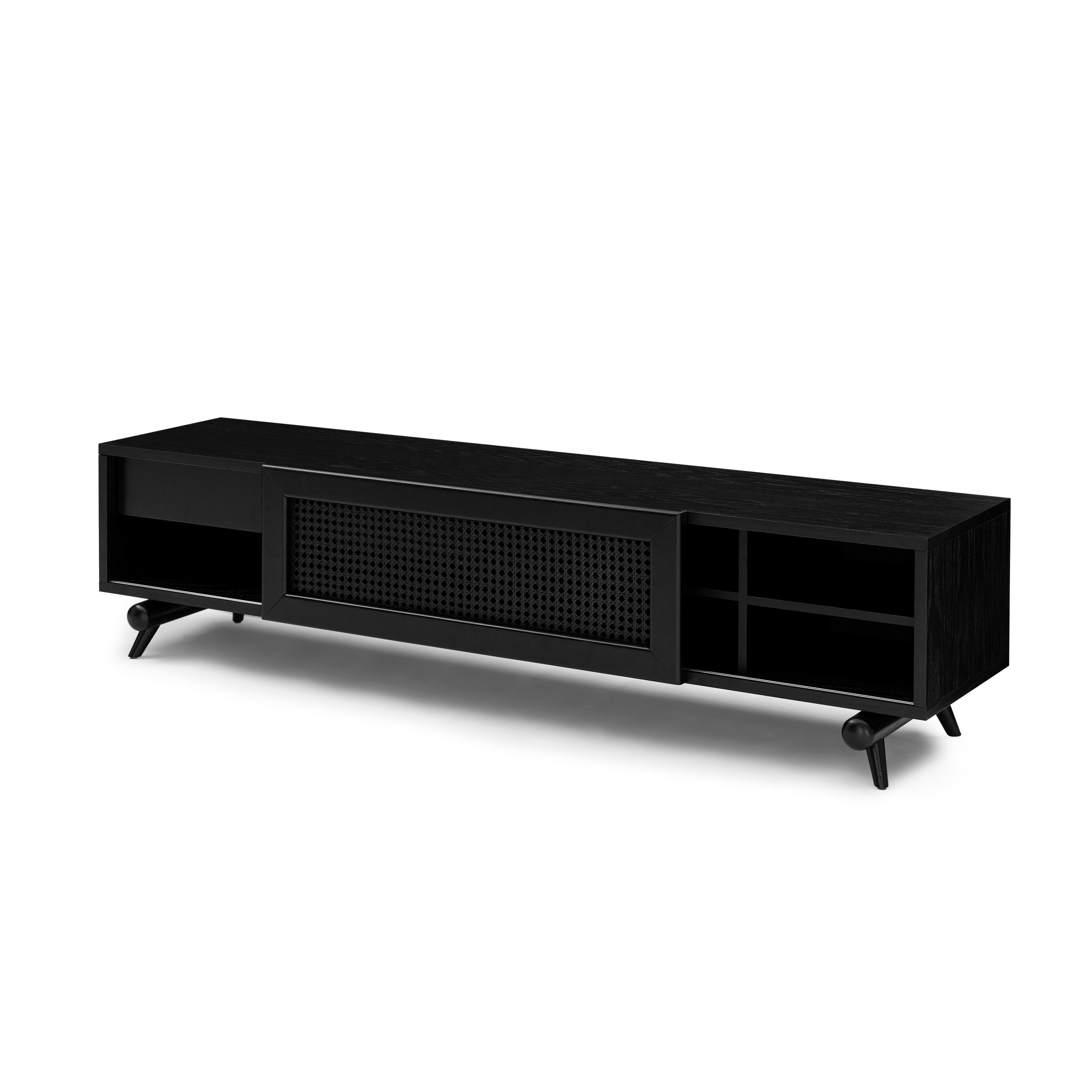 The Plot storage console is yet another Uultis case piece that combines style, functionality, and spacial possibilities with its black wood finish and cane-webbing sliding door giving an eclectic look that is so popular in today's design world. This