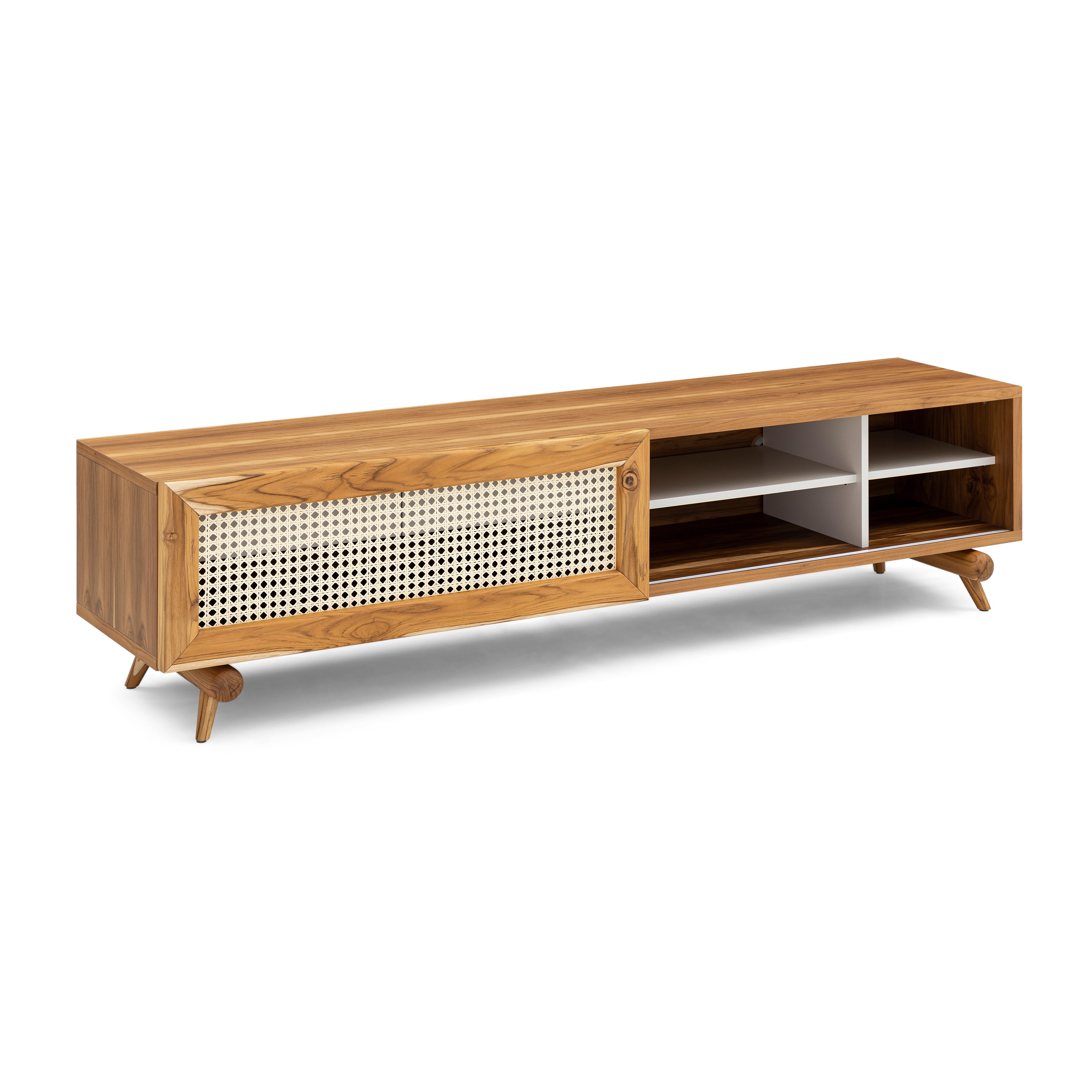 Console de rangement pour Plot avec finition en bois de teck et porte coulissante à cannage en vente 3