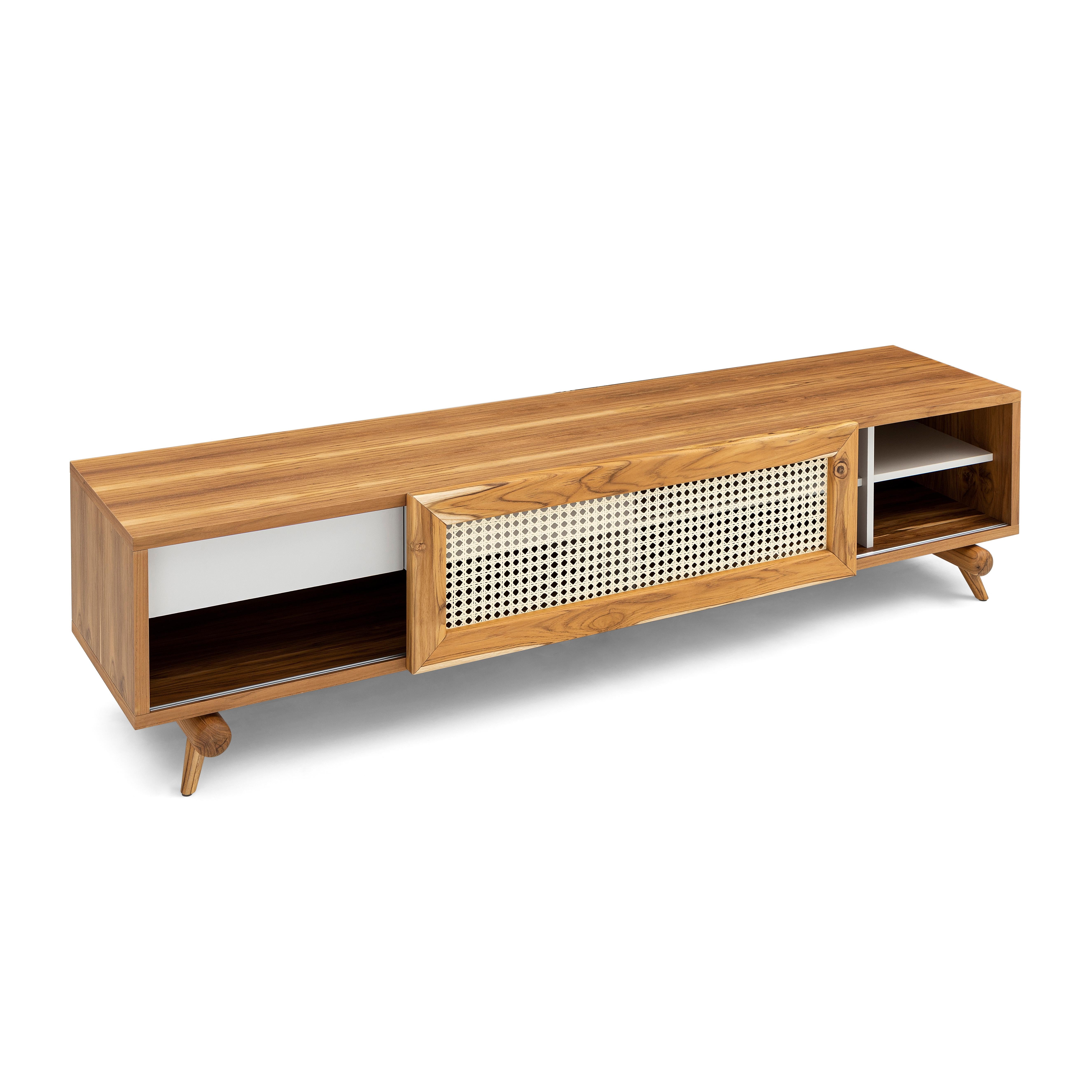 Contemporary Plot Storage Console with Teak Wood Finish and Cane-Webbing Sliding Door For Sale