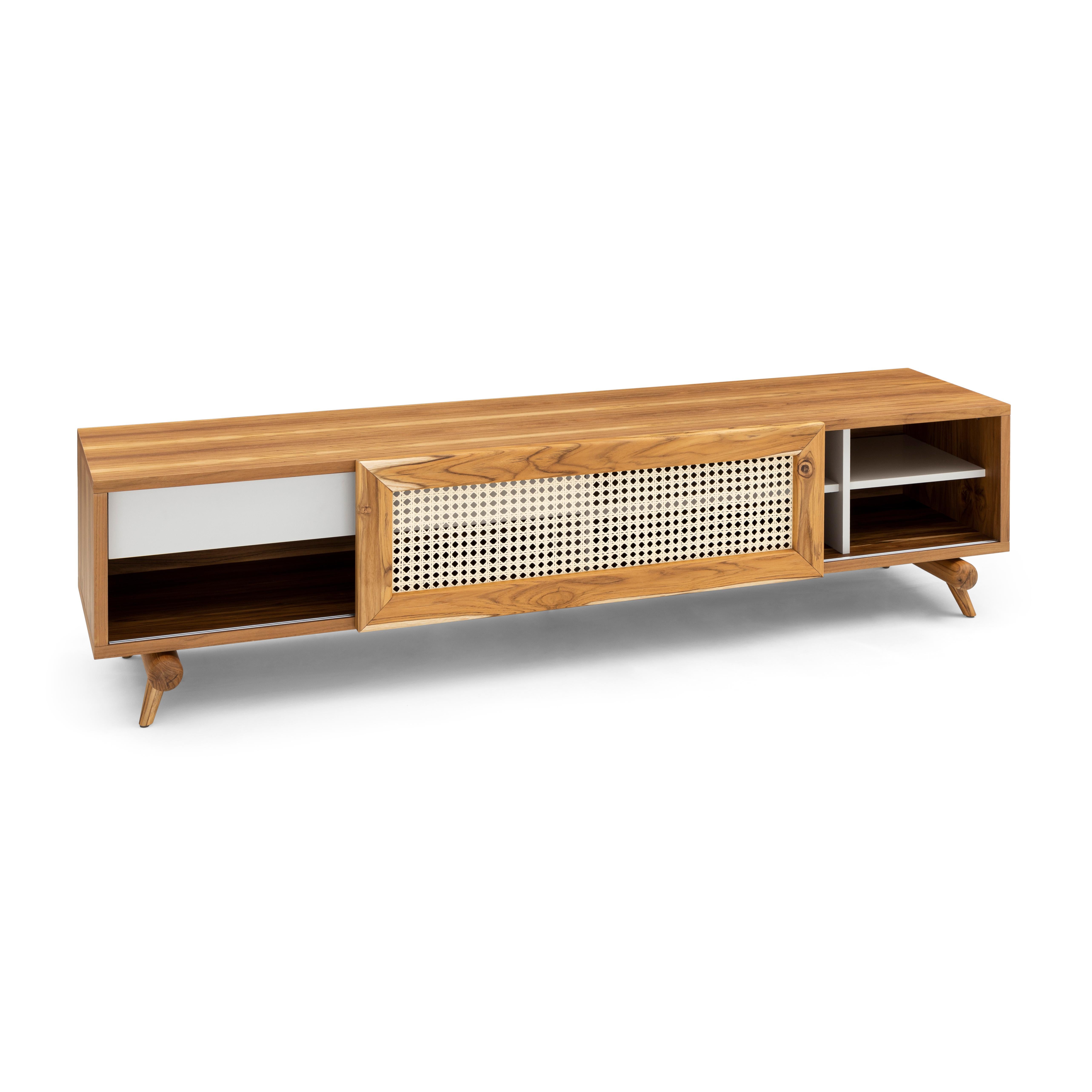 Plot Storage Console with Teak Wood Finish and Cane-Webbing Sliding Door For Sale 1