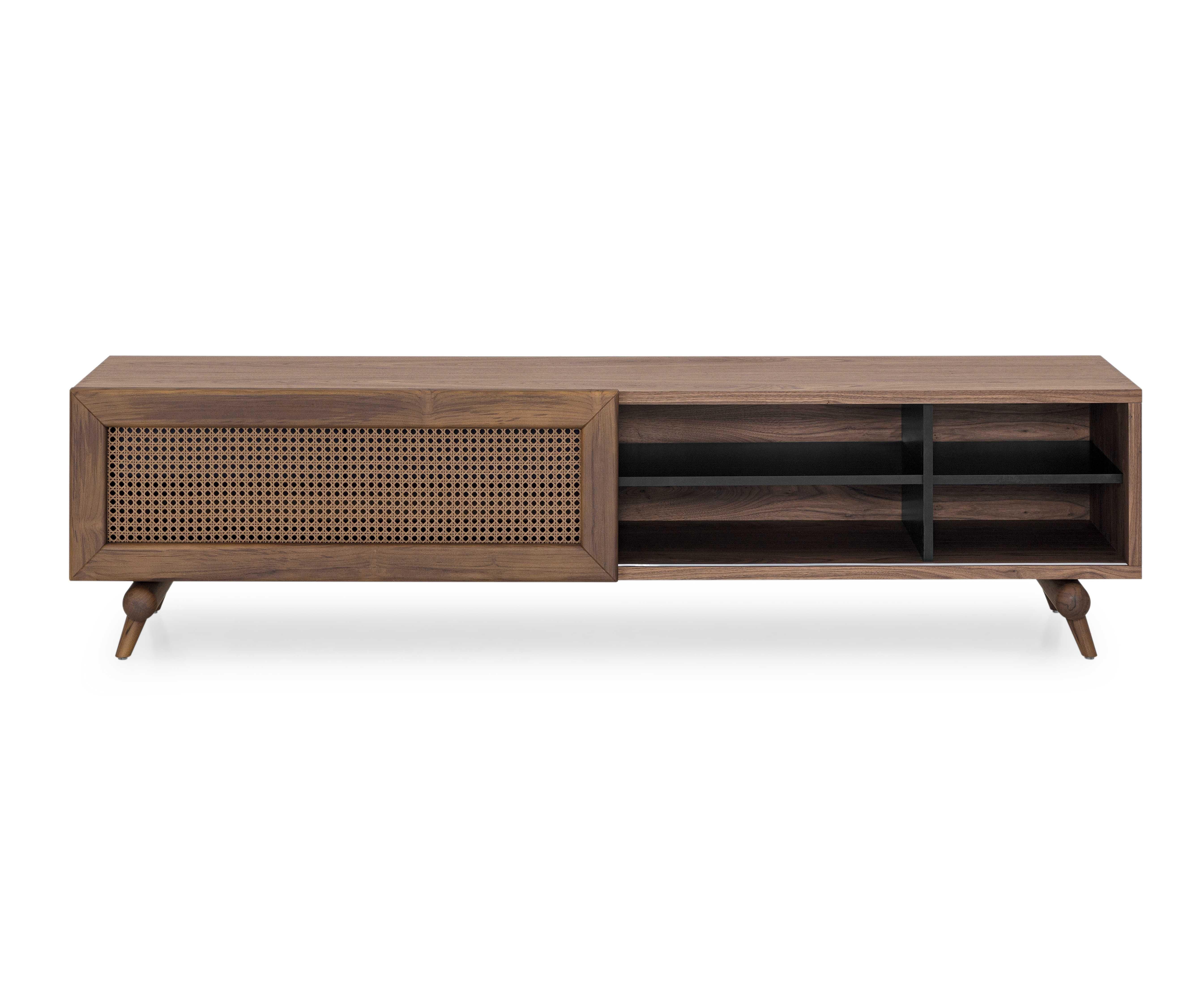 A Plot TV stand designed by Uultis Studio in walnut finish with cane sliding door, glass and black drawers. *Please check availability prior to purchase*.

The Plot TV Stand seamlessly combines timeless design with modern functionality, making it a