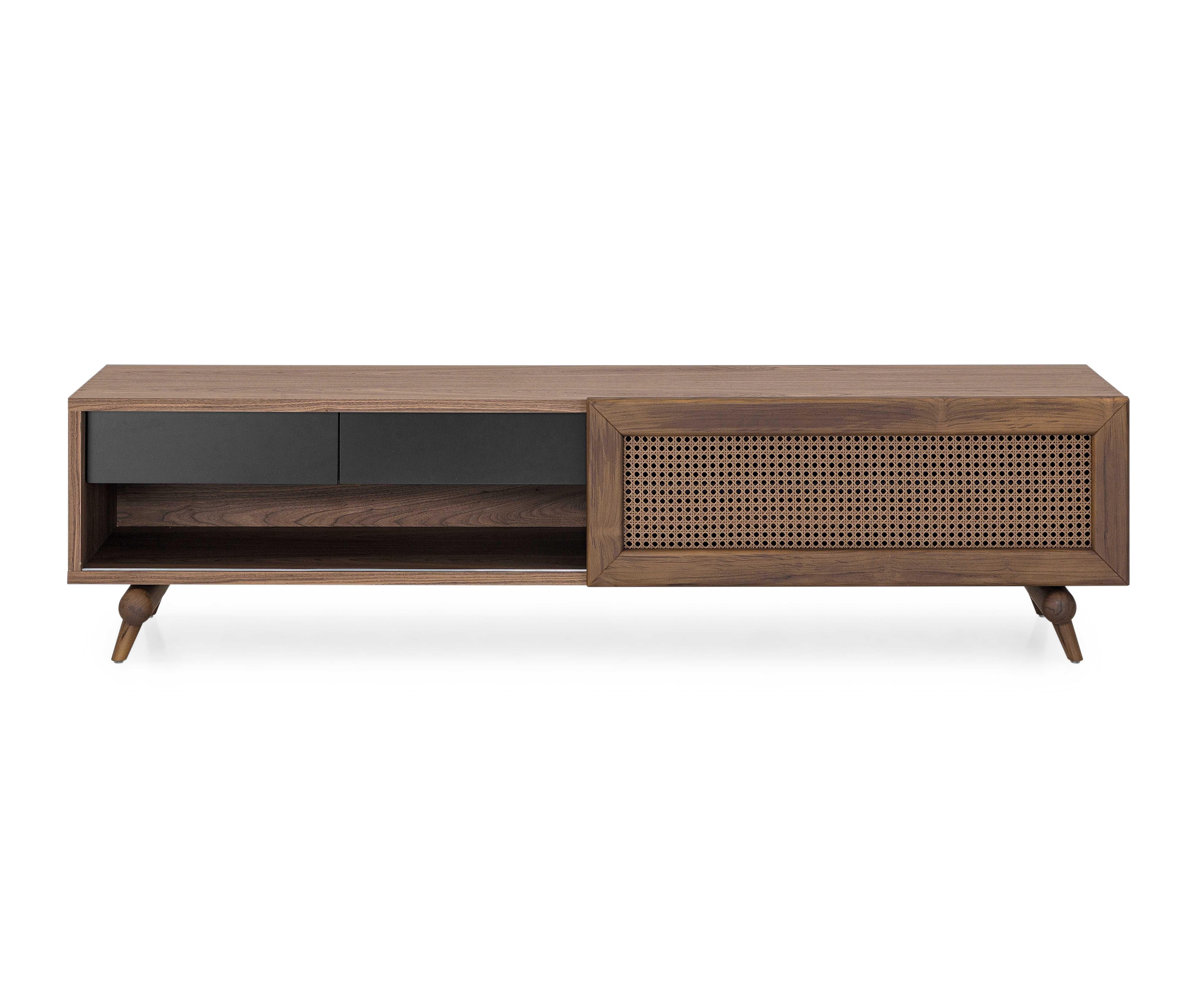 Modern Walnut Finish TV Stand with Cane Sliding Door and Black Drawers – Plot Line For Sale
