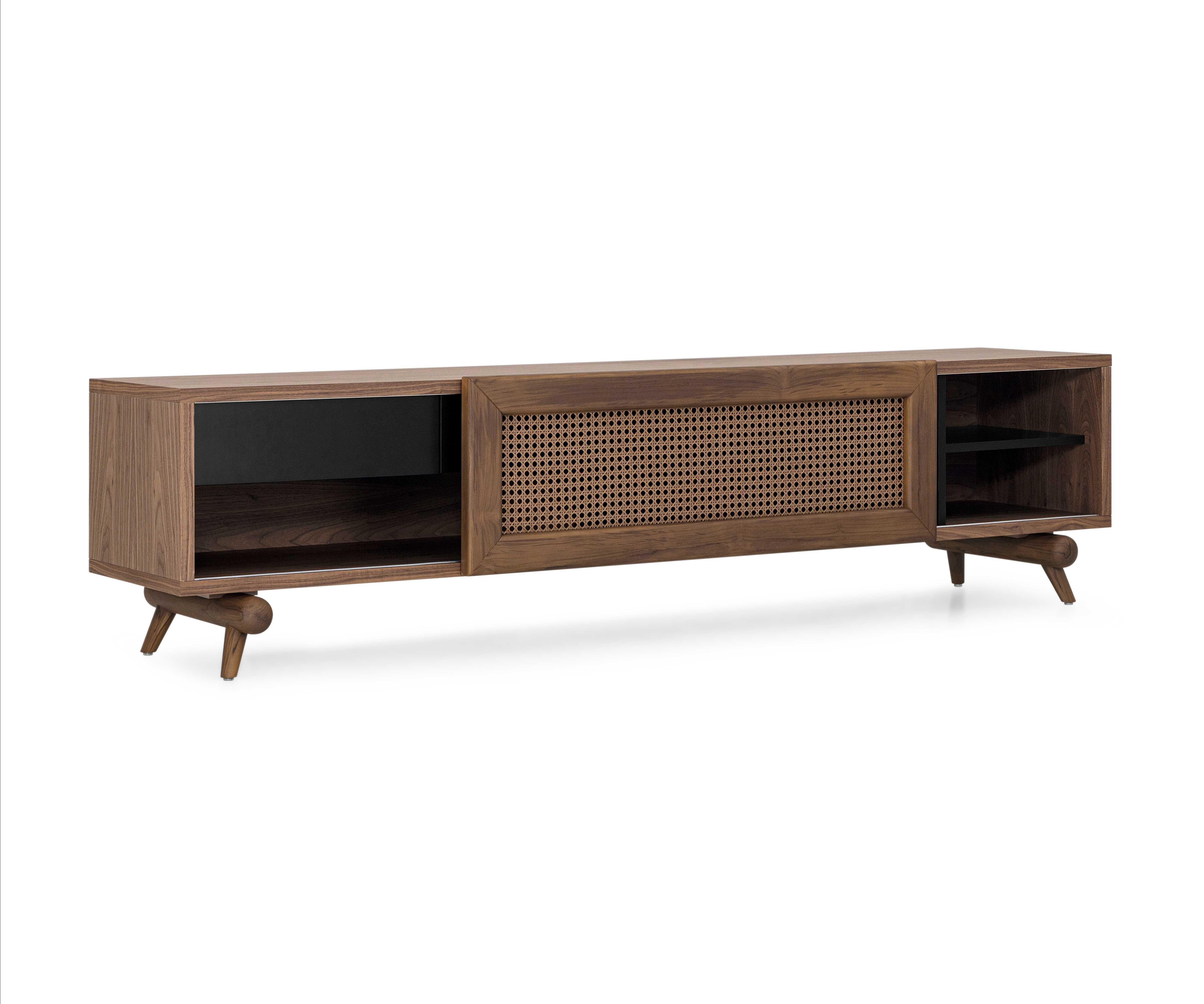 Brazilian Walnut Finish TV Stand with Cane Sliding Door and Black Drawers – Plot Line For Sale