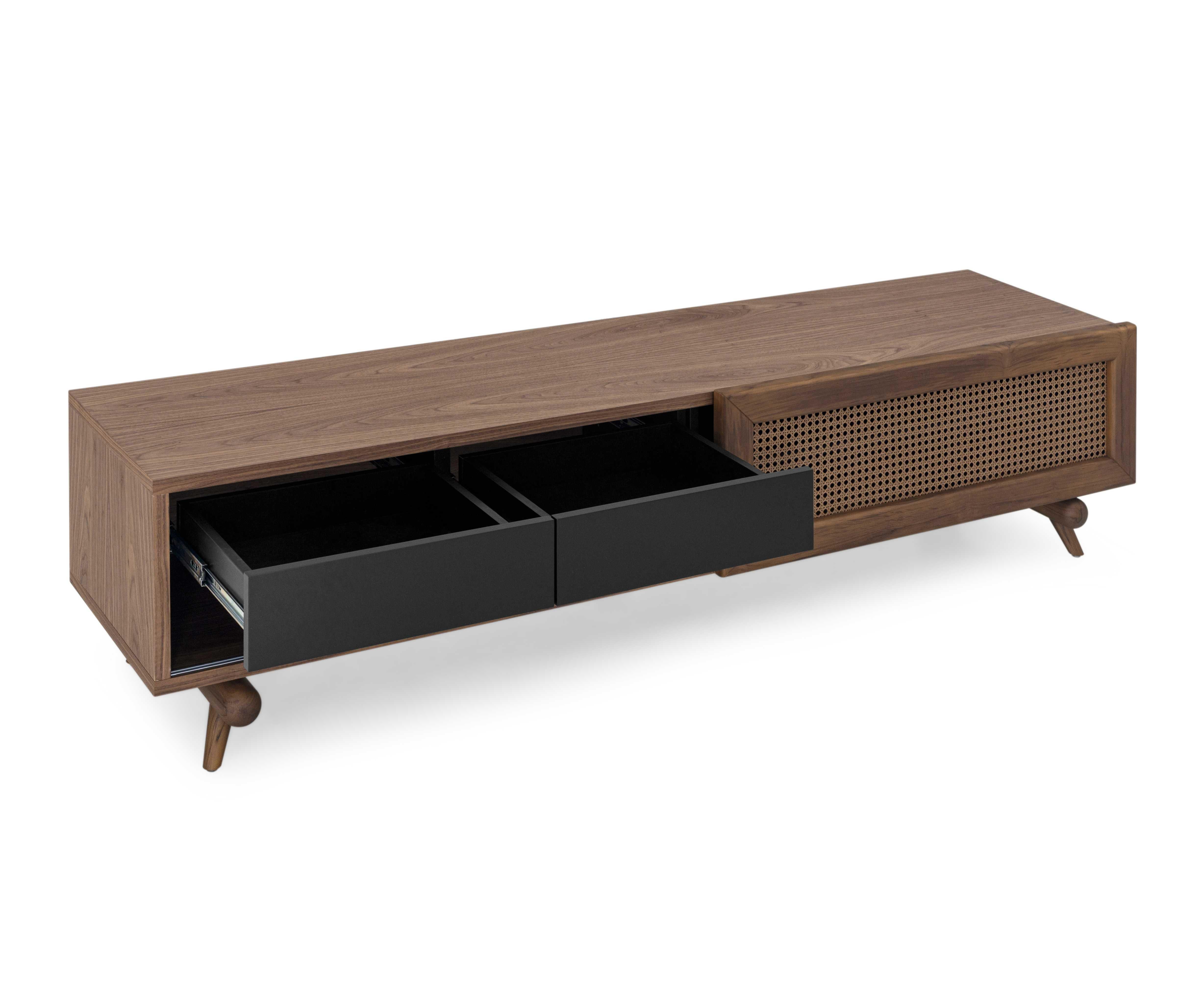 Stained Walnut Finish TV Stand with Cane Sliding Door and Black Drawers – Plot Line For Sale