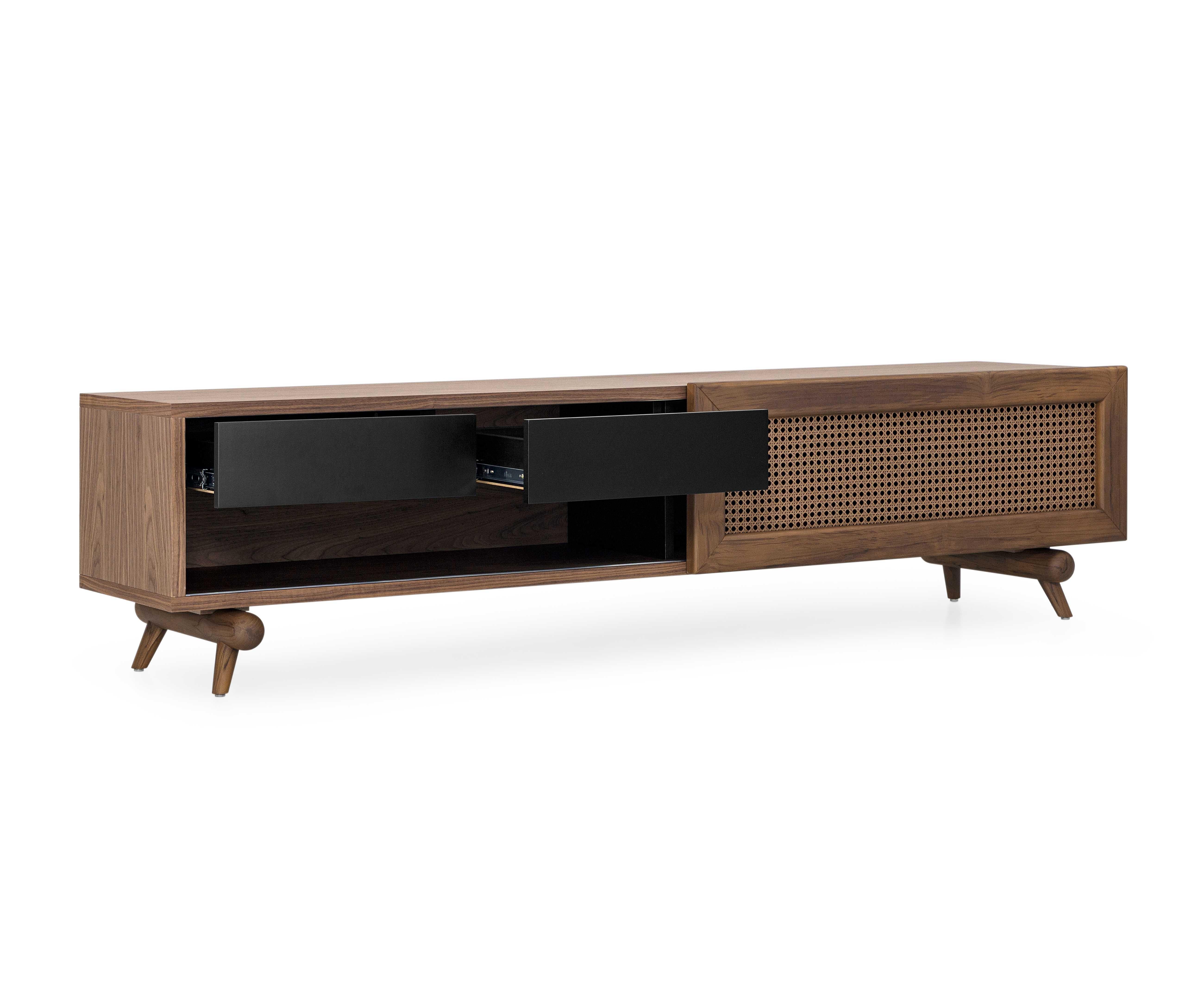 Walnut Finish TV Stand with Cane Sliding Door and Black Drawers – Plot Line In New Condition For Sale In Miami, FL