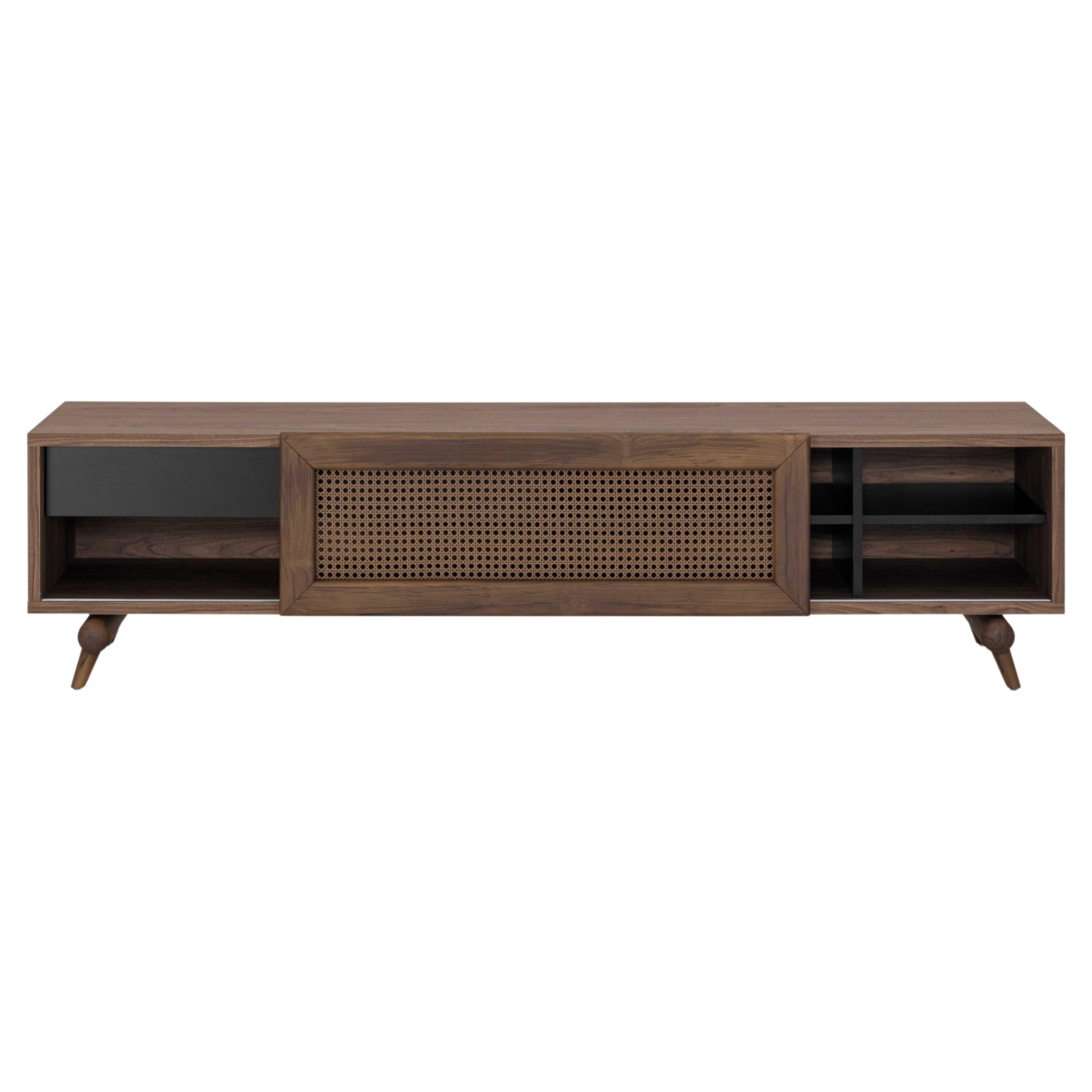 Walnut Finish TV Stand with Cane Sliding Door and Black Drawers – Plot Line For Sale