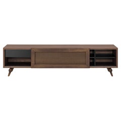 Walnut Finish TV Stand with Cane Sliding Door and Black Drawers – Plot Line