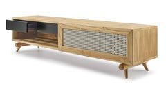 Teak Wood TV Stand with Cane Sliding Door and Black Drawers – Plot Collection