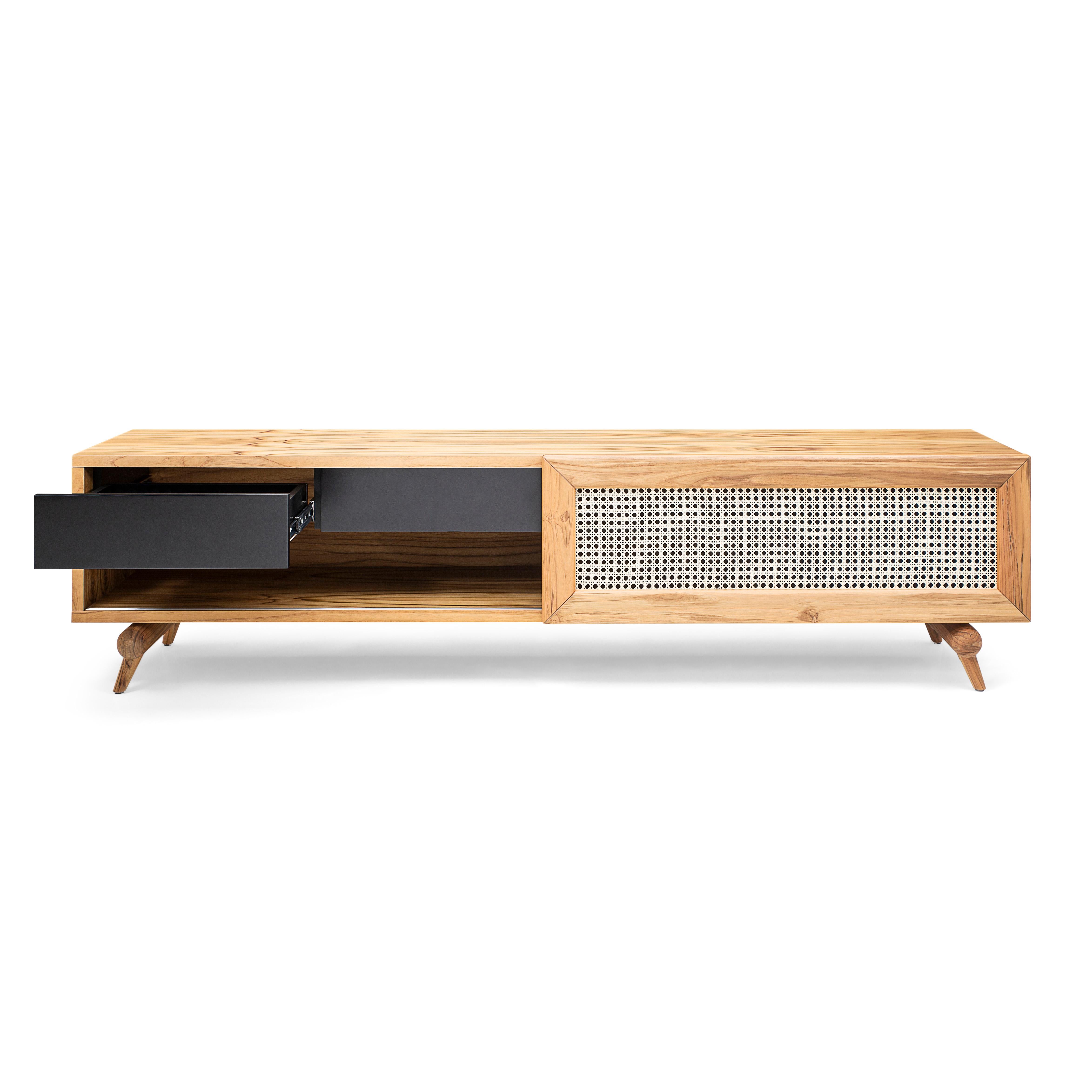 Modern Teak Wood TV Stand with Cane Sliding Door and Black Drawers – Plot Collection For Sale