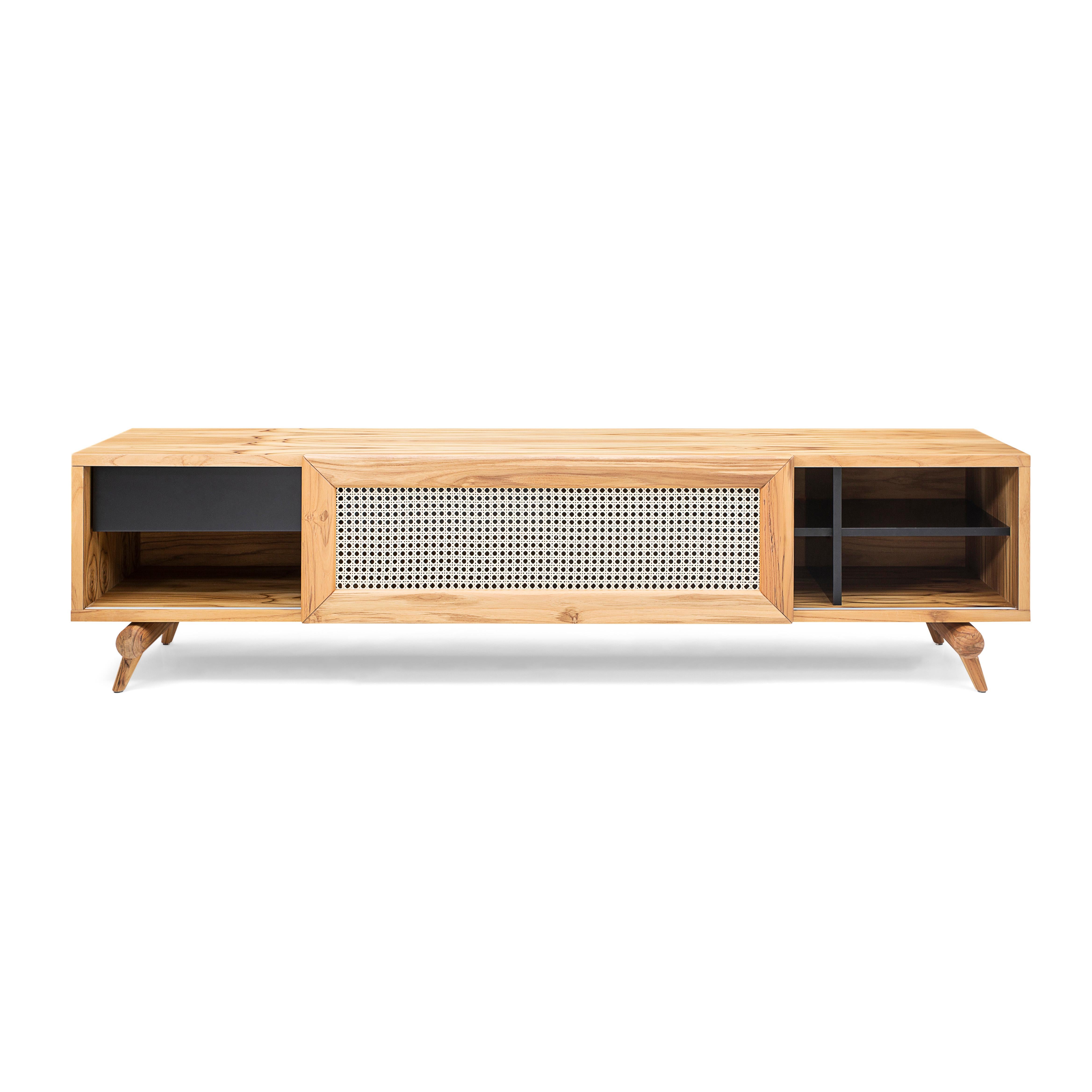 Brazilian Teak Wood TV Stand with Cane Sliding Door and Black Drawers – Plot Collection For Sale