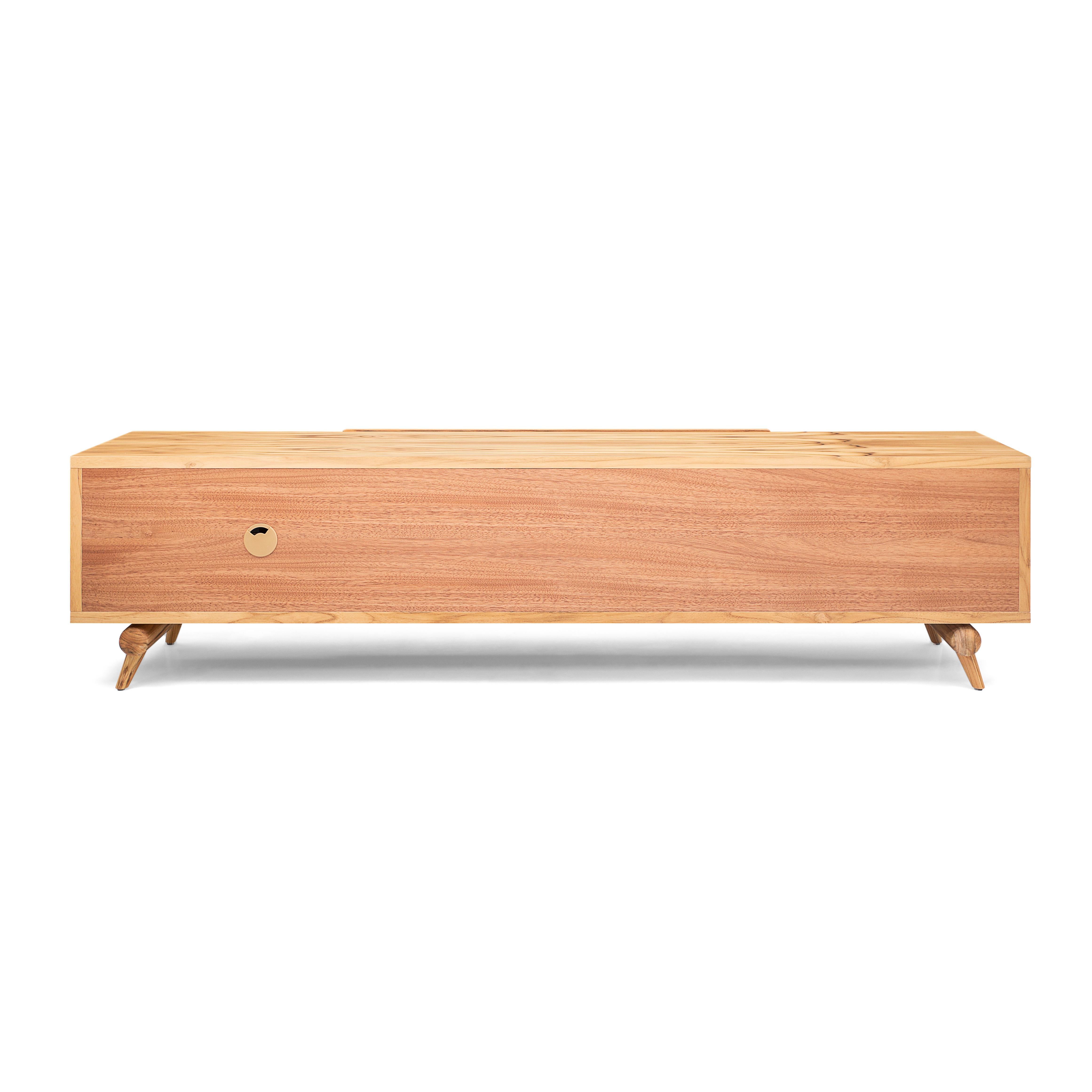 Teak Wood TV Stand with Cane Sliding Door and Black Drawers – Plot Collection In New Condition For Sale In Miami, FL