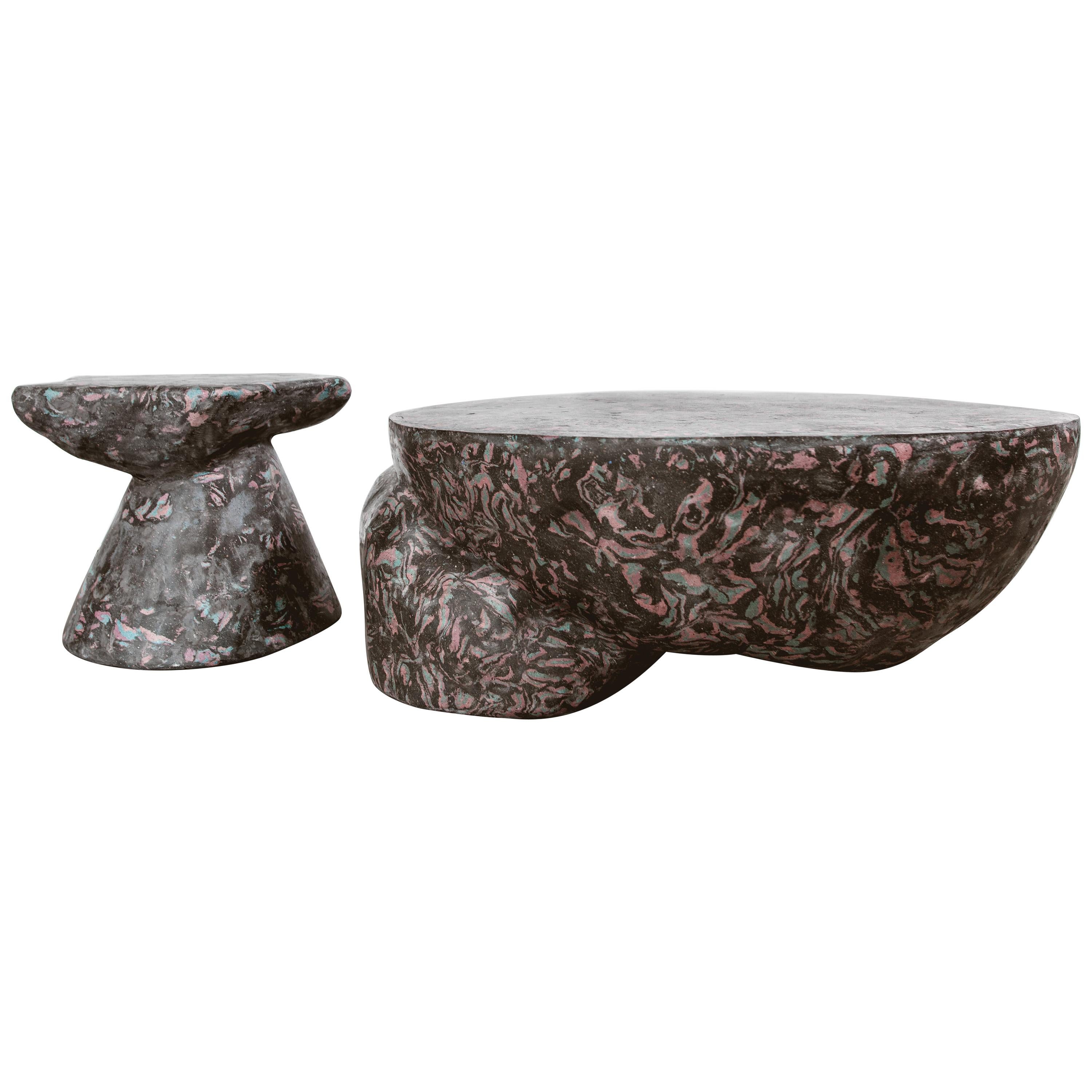 Plote and Prov Tables Set in Scagliola, Cement for Indoor or Outdoor by Mtharu For Sale