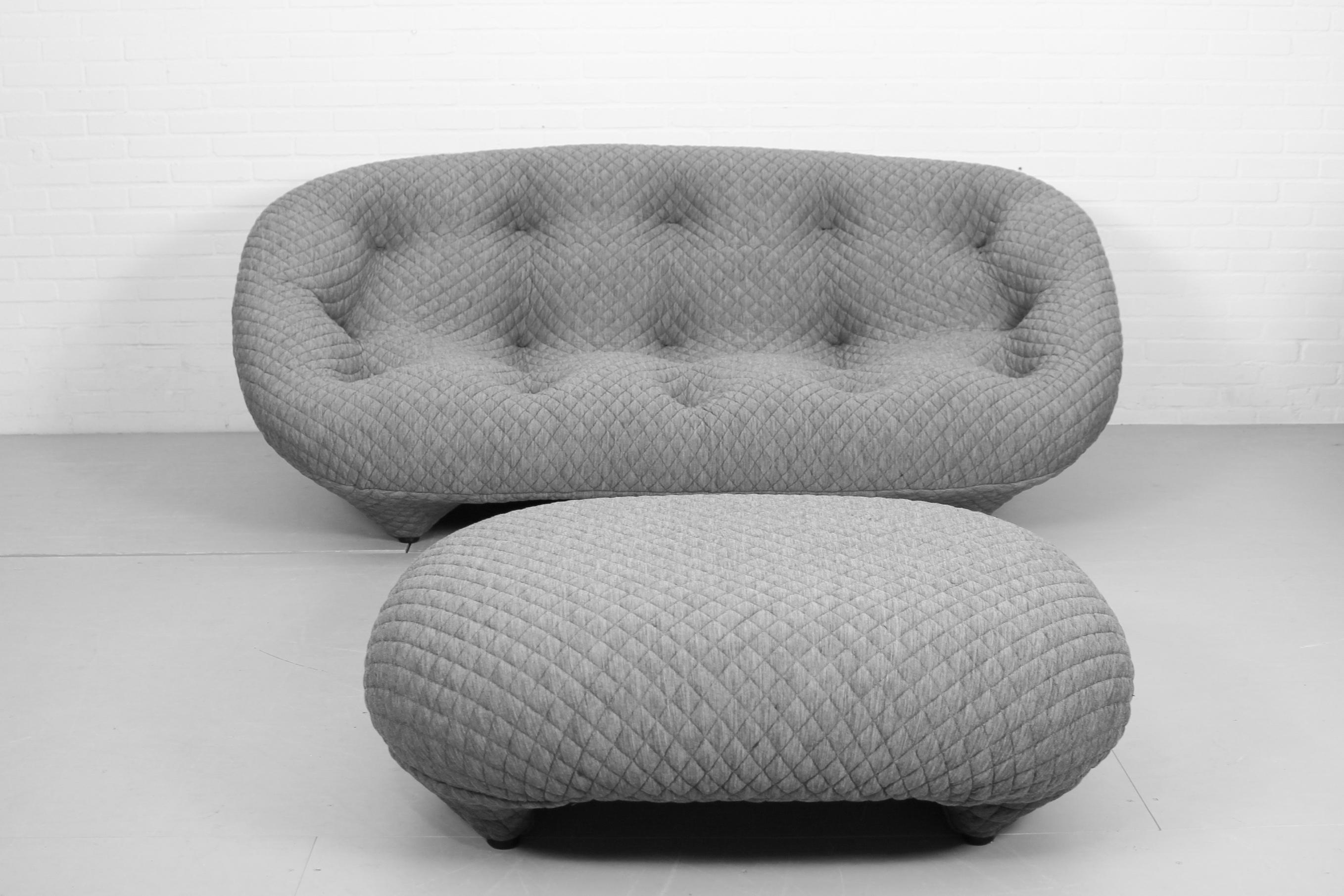 A “Ploum” sofa and matching ottoman designed by Ronan and Erwan Bouroullec for Ligne Roset. The sofa is covered with the stretchable Kvadrat Febrik Cross. The sofa is in very good condition without any signs of use and provides extreme comfort.