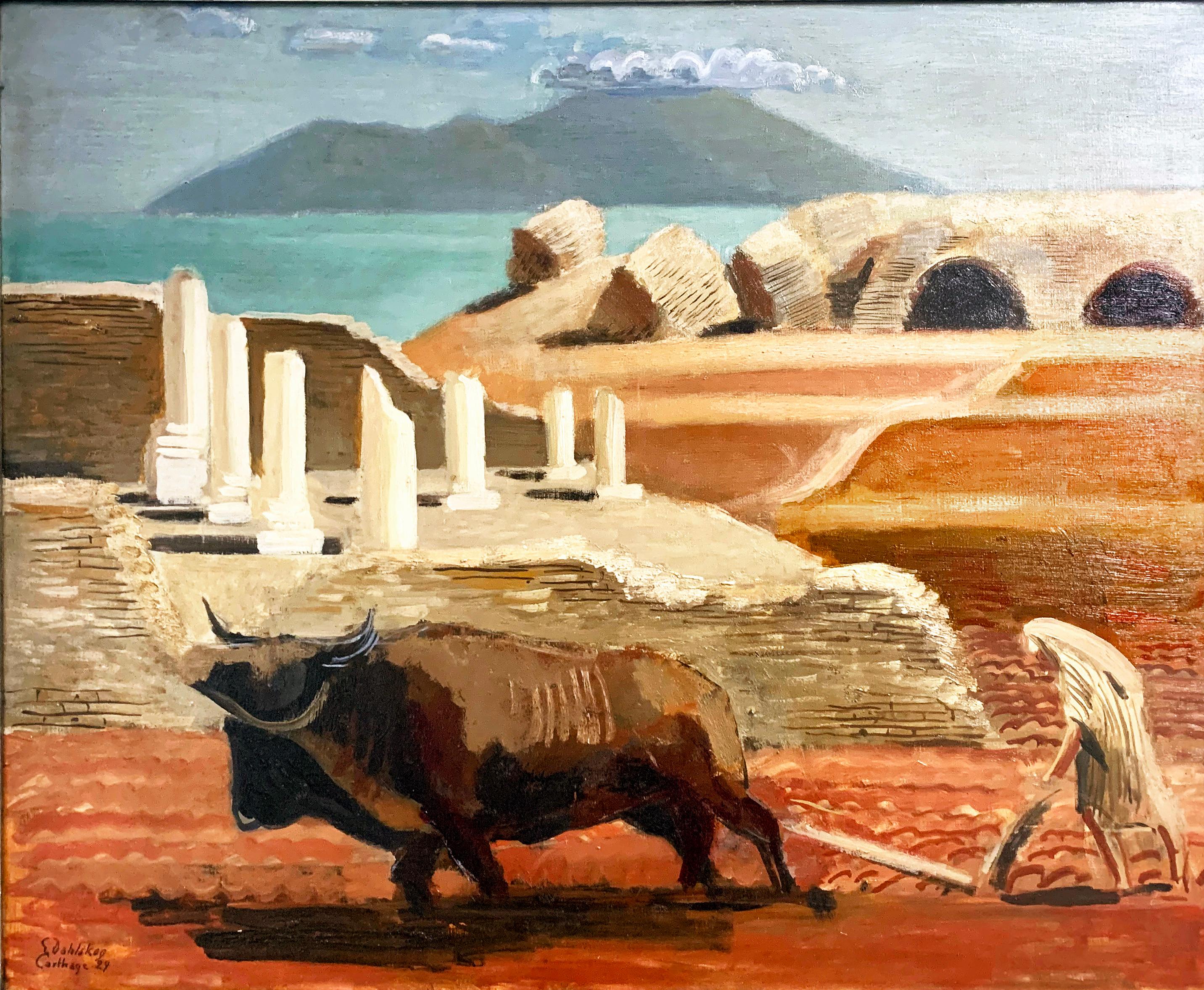 Highly atmospheric and richly colored, this 1929 vintage landscape by a Swedish painter depicts layers of history and tradition, from the man in traditional Arab garb plowing the fields with his ox in the foreground, to broken Roman columns in