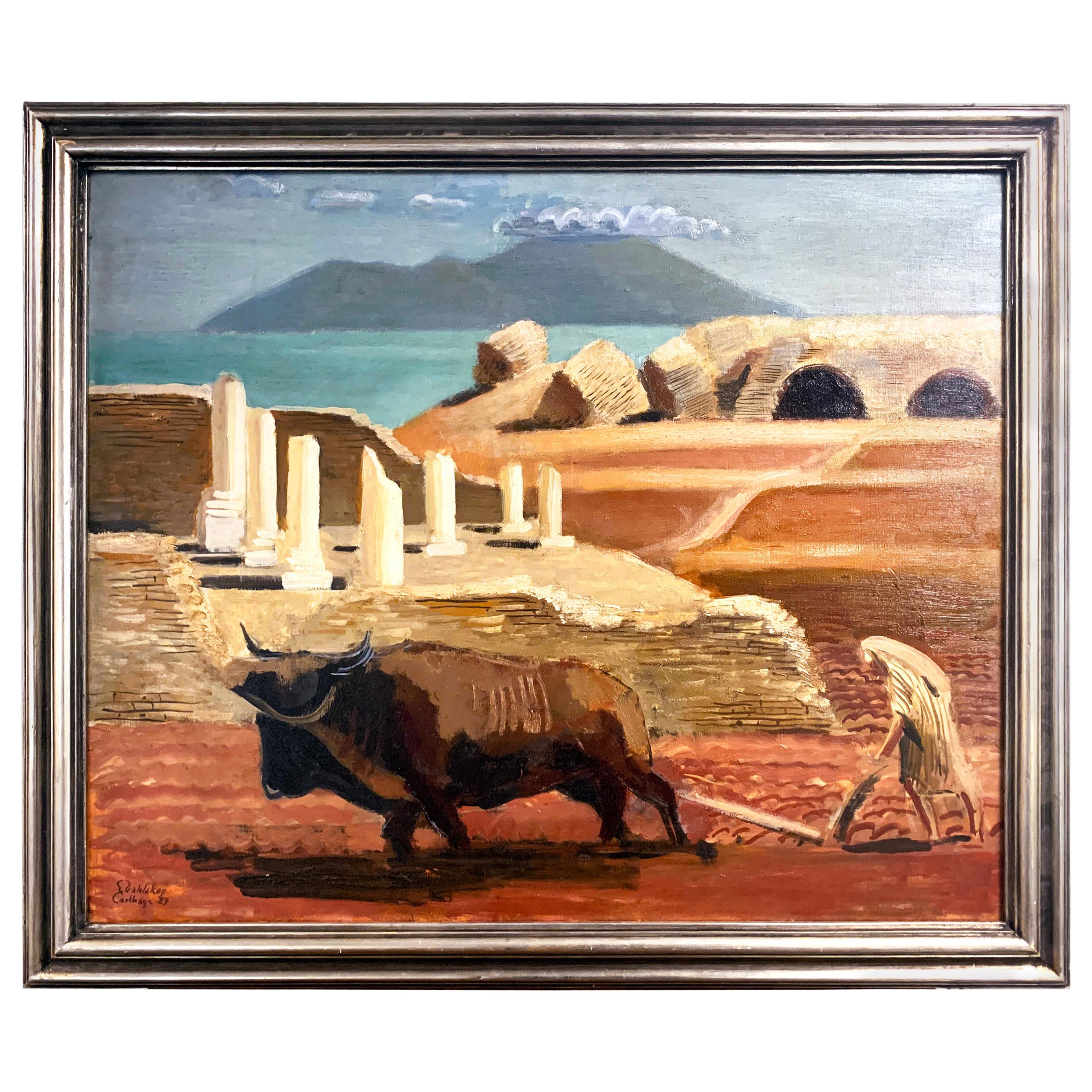 "Plowing in Carthage, " Tunisian Landscape with Roman Columns in Blue & Brick Red For Sale