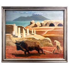 Antique "Plowing in Carthage, " Tunisian Landscape with Roman Columns in Blue & Brick Red