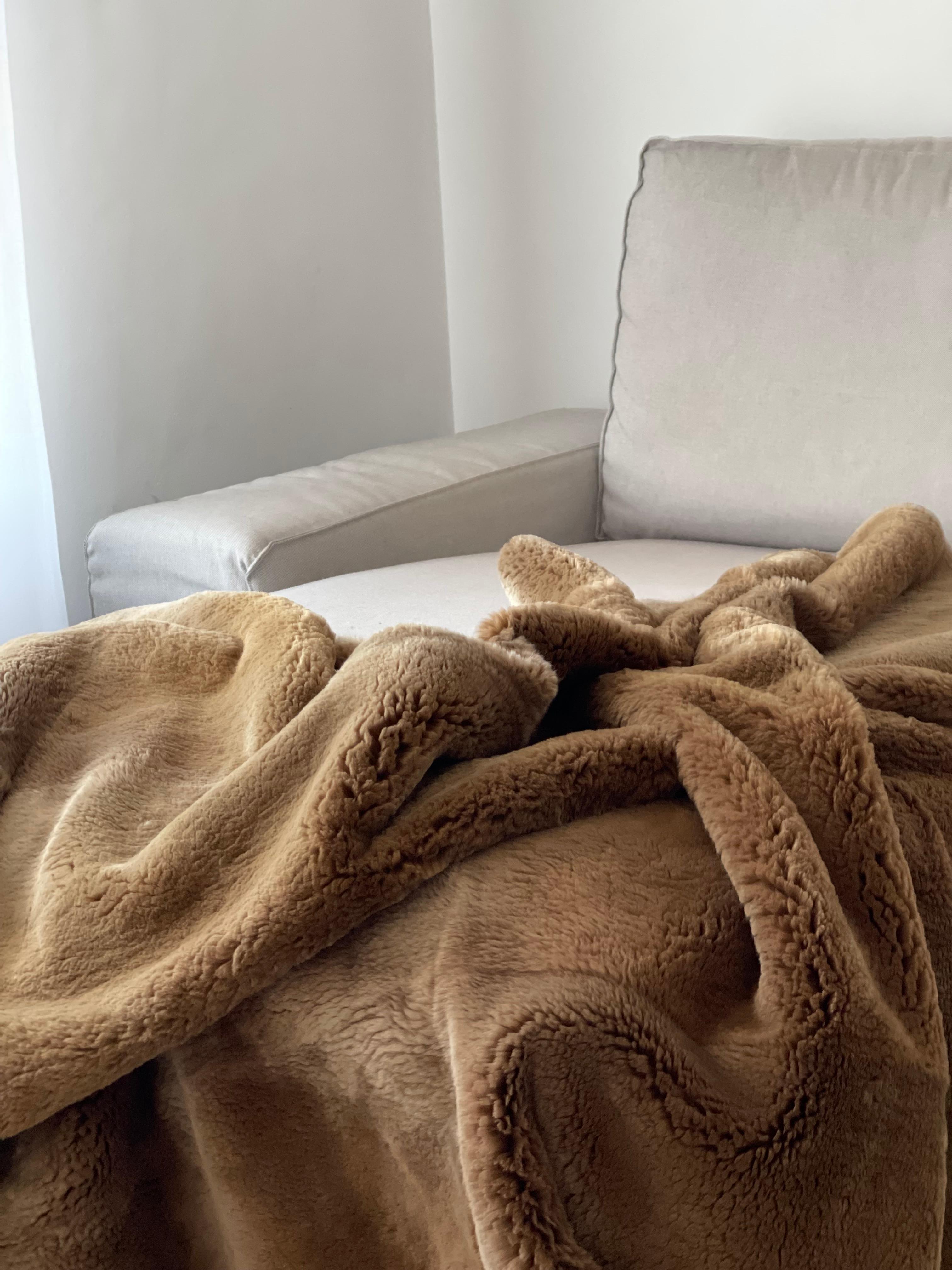 Plucked Beaver Fur Bed / Sofa Throw Blanket, Merino Wool Backing For Sale 1