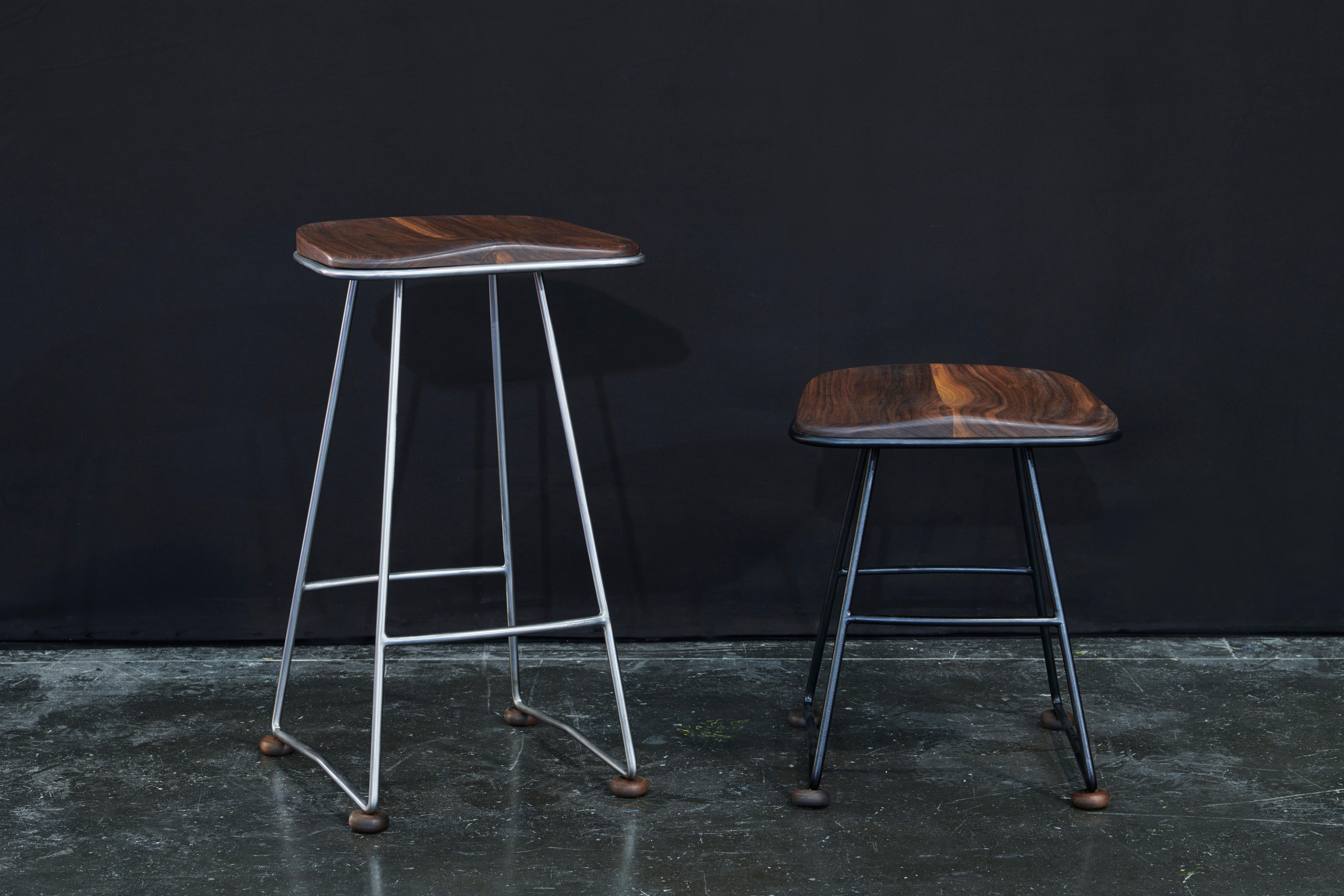 Lebanese Plug Bar Stool, Solid Wood Shaped Seat, Hand Bent Steel and Walnut For Sale