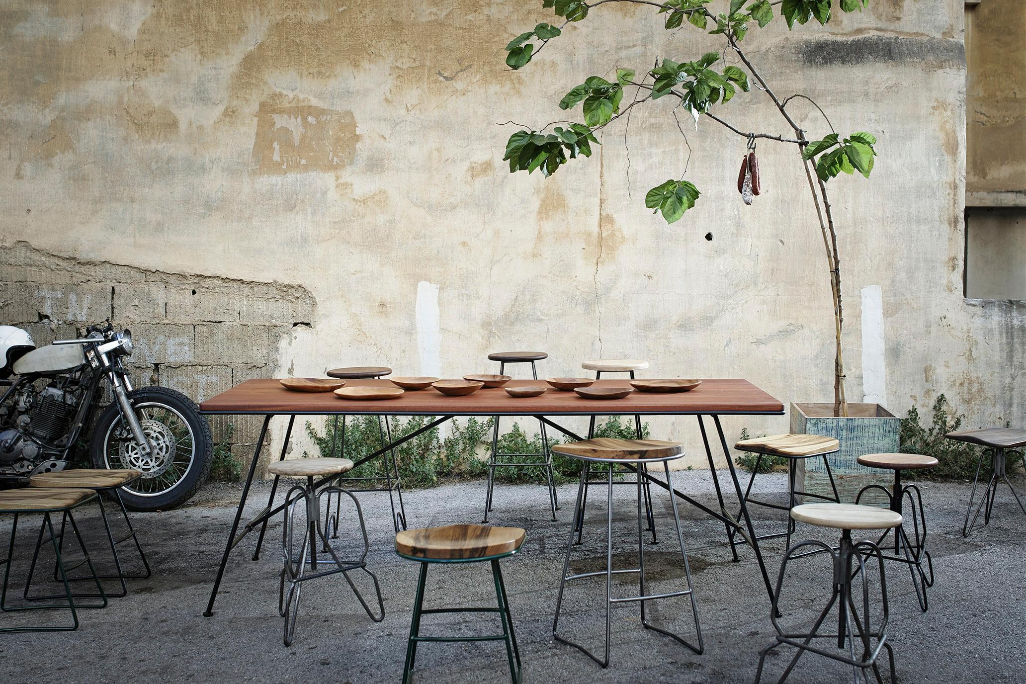 Contemporary Plug Bar Stool, Solid Wood Shaped Seat, Hand Bent Steel and Walnut For Sale