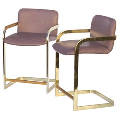 Plum and Brass Frame Barstools, Pair