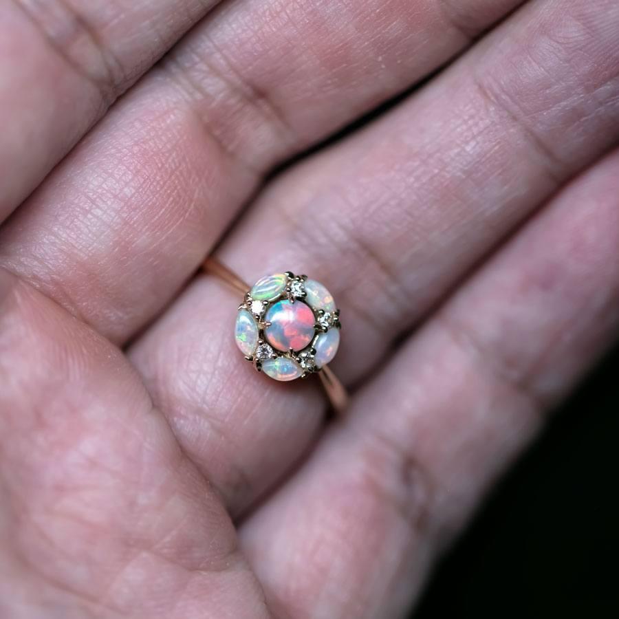 Arts and Crafts Plum Blossom Black Opal Diamond Engagement Ring 18K Yellow Gold For Sale