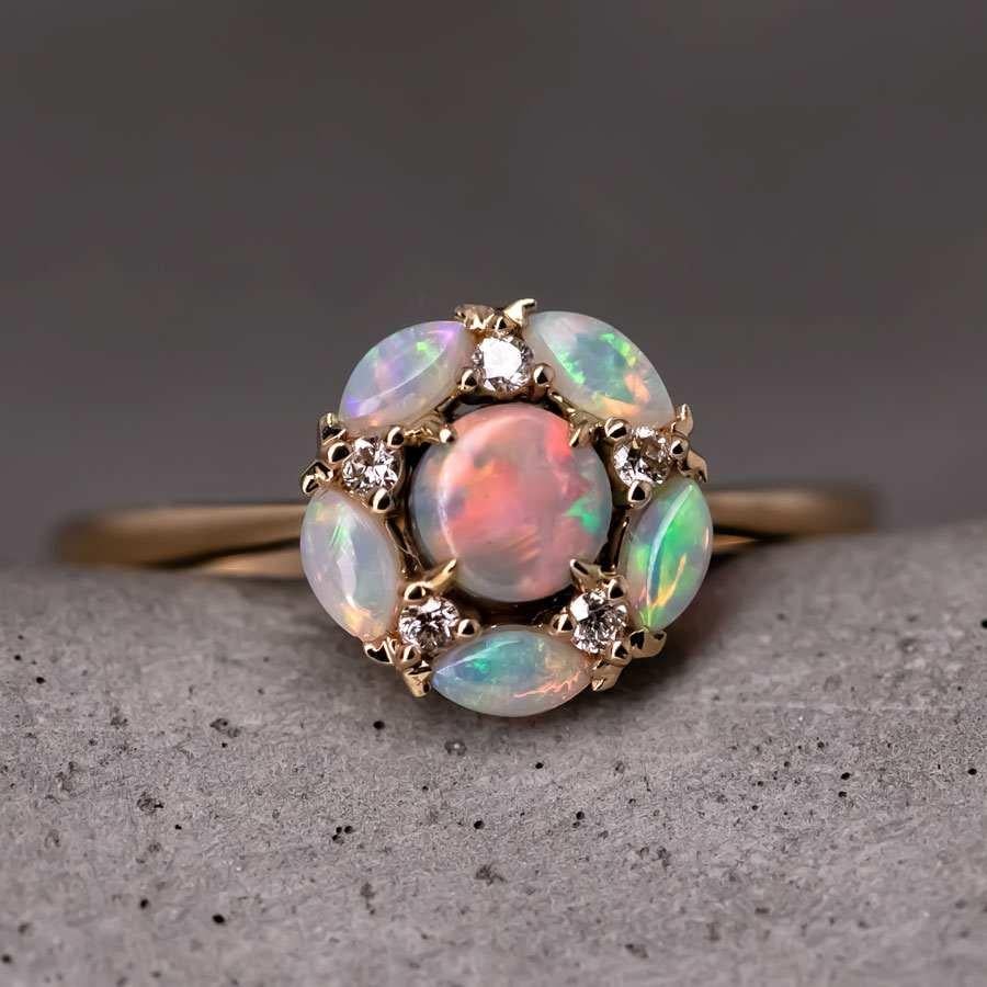 Brilliant Cut Plum Blossom Black Opal Diamond Engagement Ring 18K Yellow Gold For Sale