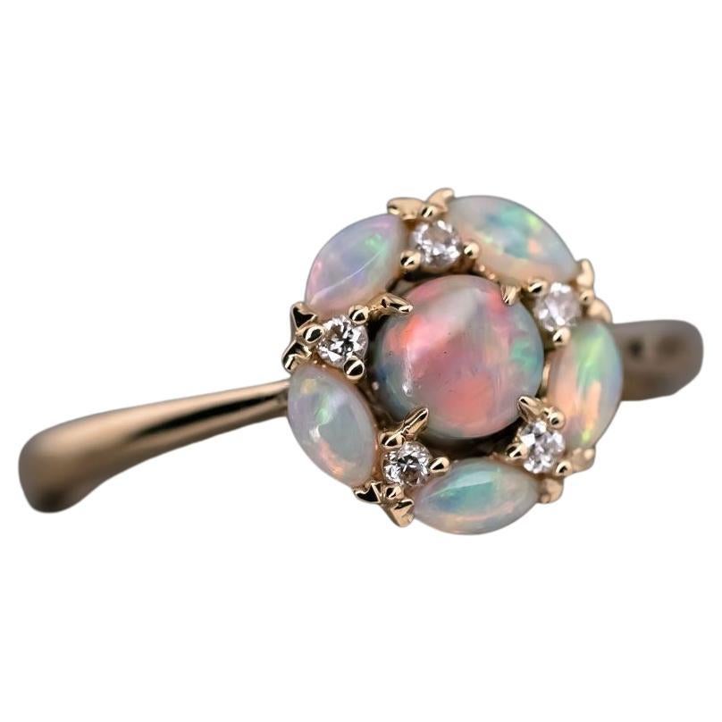 Plum Blossom Black Opal Diamond Engagement Ring 18K Yellow Gold