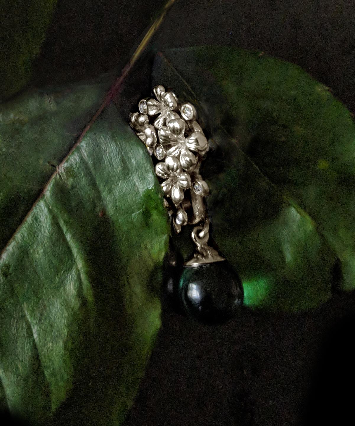 Cabochon Eighteen Karat Gold Plum Blossom Contemporary Designer Earrings with Diamonds For Sale