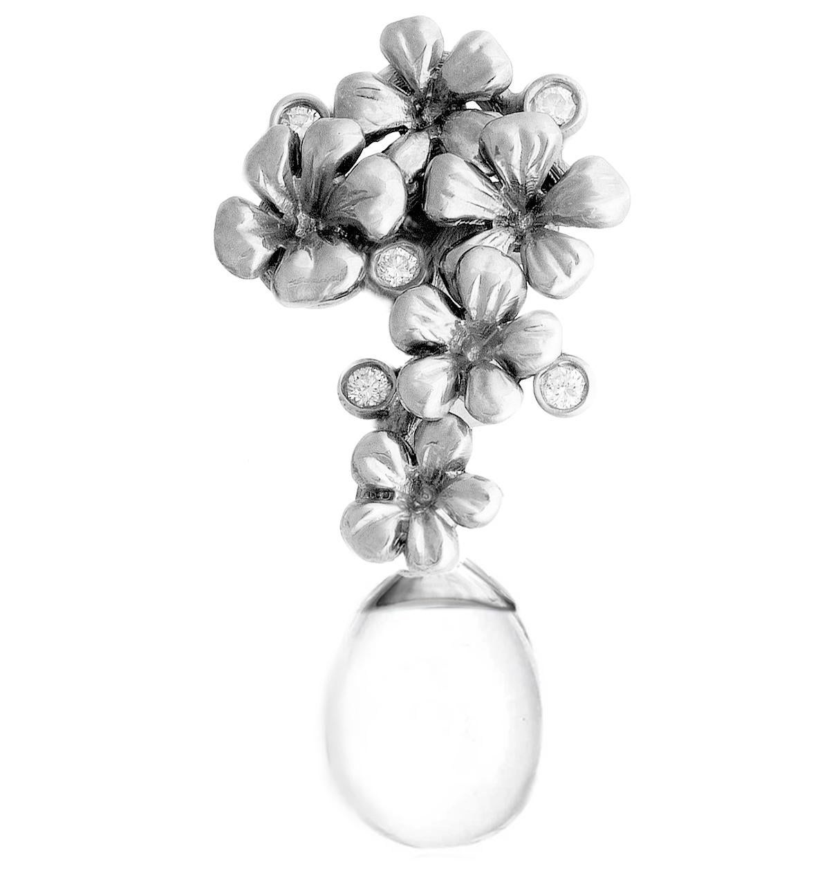 These Plum Blossom cocktail earrings by the artist are made of 18 karat white gold and encrusted with 10 round diamonds and quartz cabochon drops, which can be taken off and on. This jewelry collection was featured in a Vogue UA review.

The unique