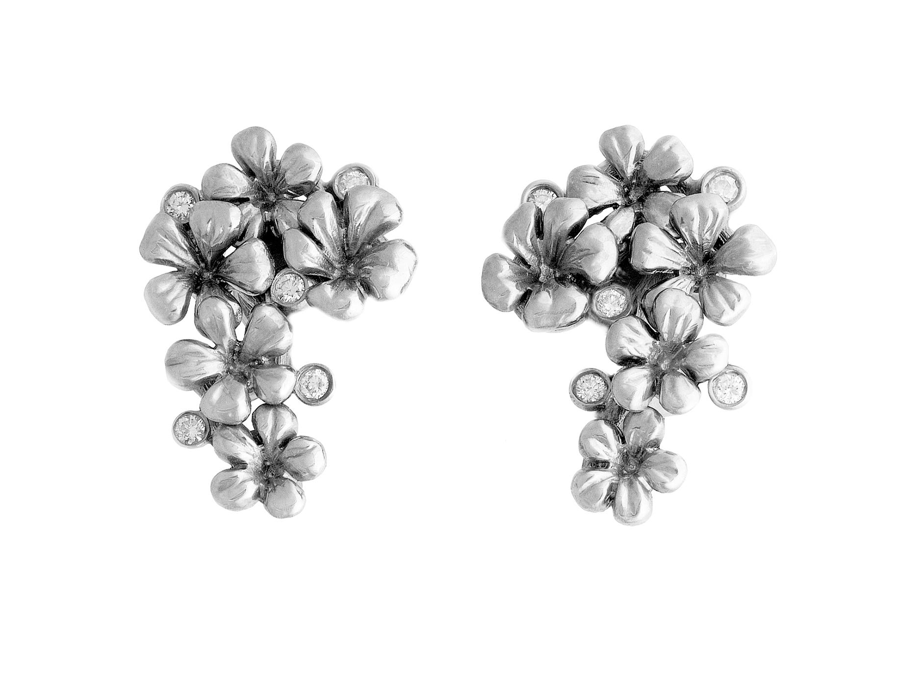Women's Plum Blossom Earrings by the Artist in Eighteen Karat White Gold with Diamonds For Sale