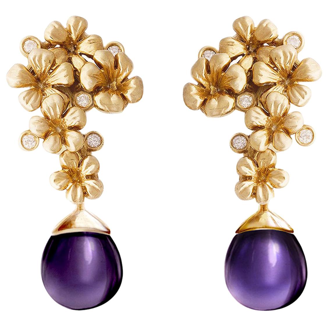 Plum Blossom Earrings by the Artist in Yellow Gold with Round Diamonds For Sale