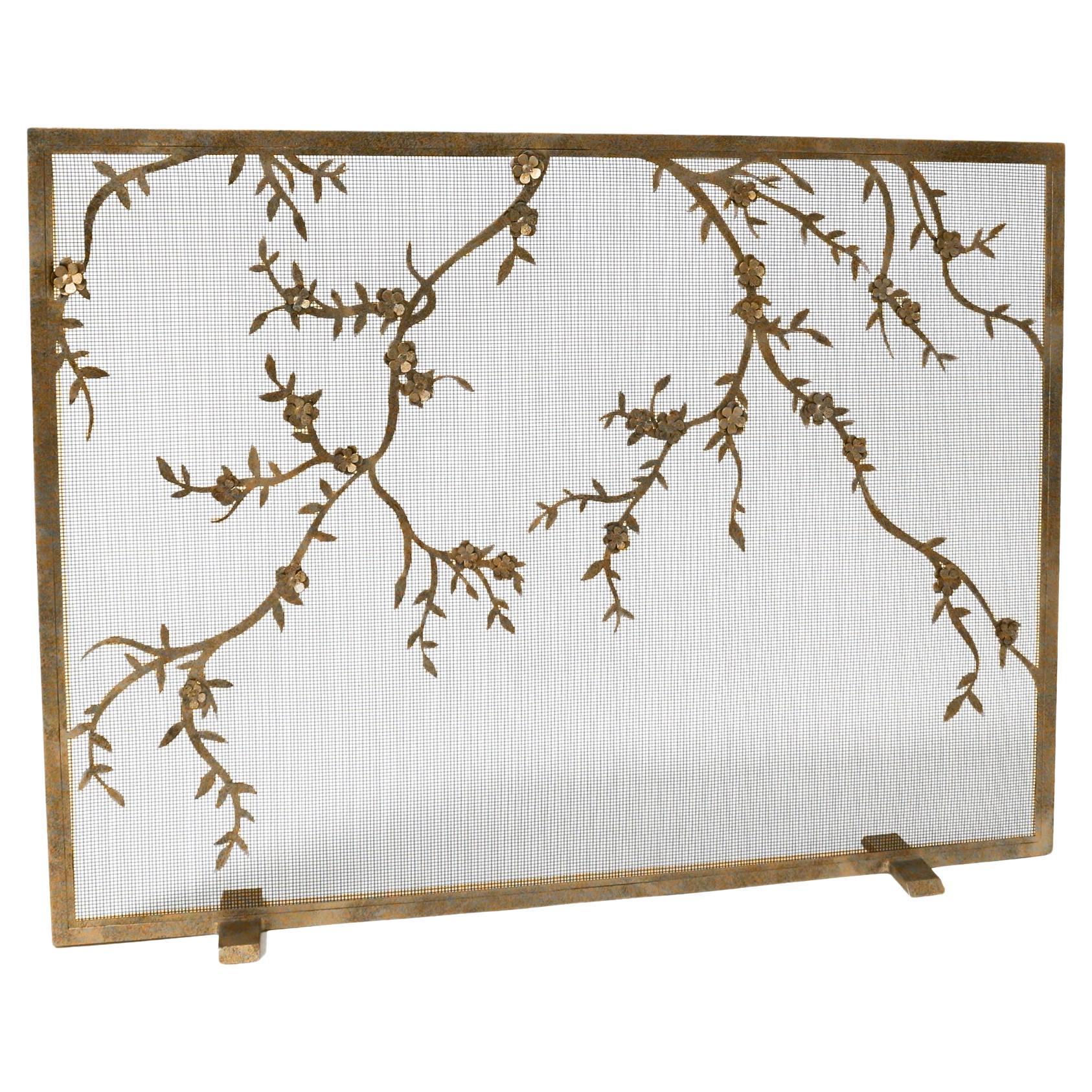 Plum Blossom Fireplace Screen in Aged Gold For Sale