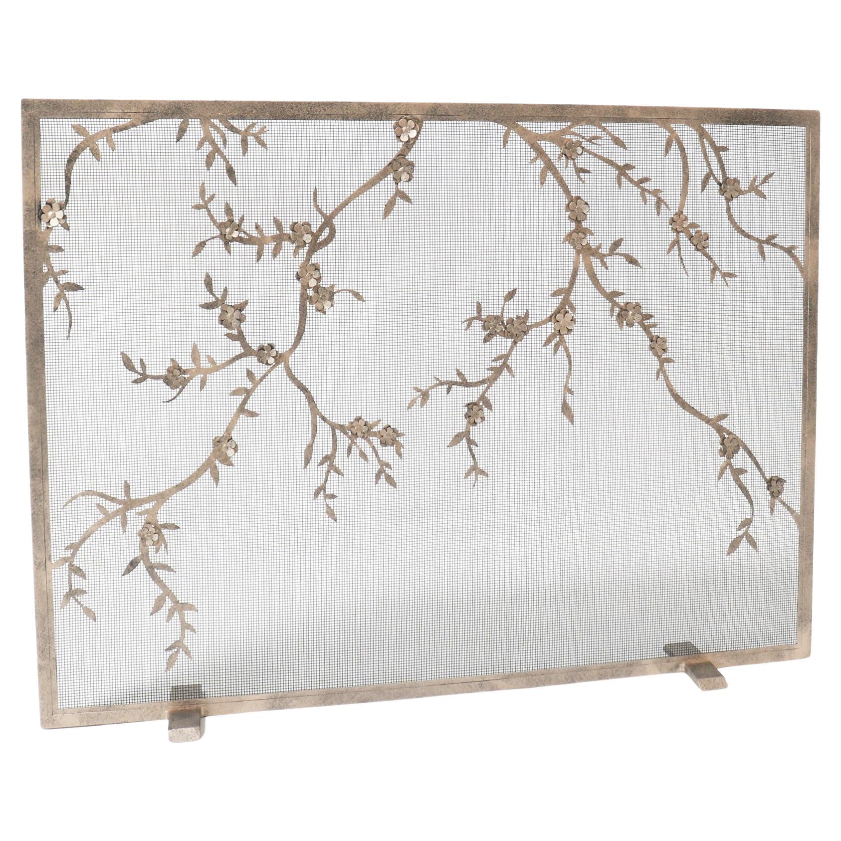 Plum Blossom Fireplace Screen in Aged Silver For Sale