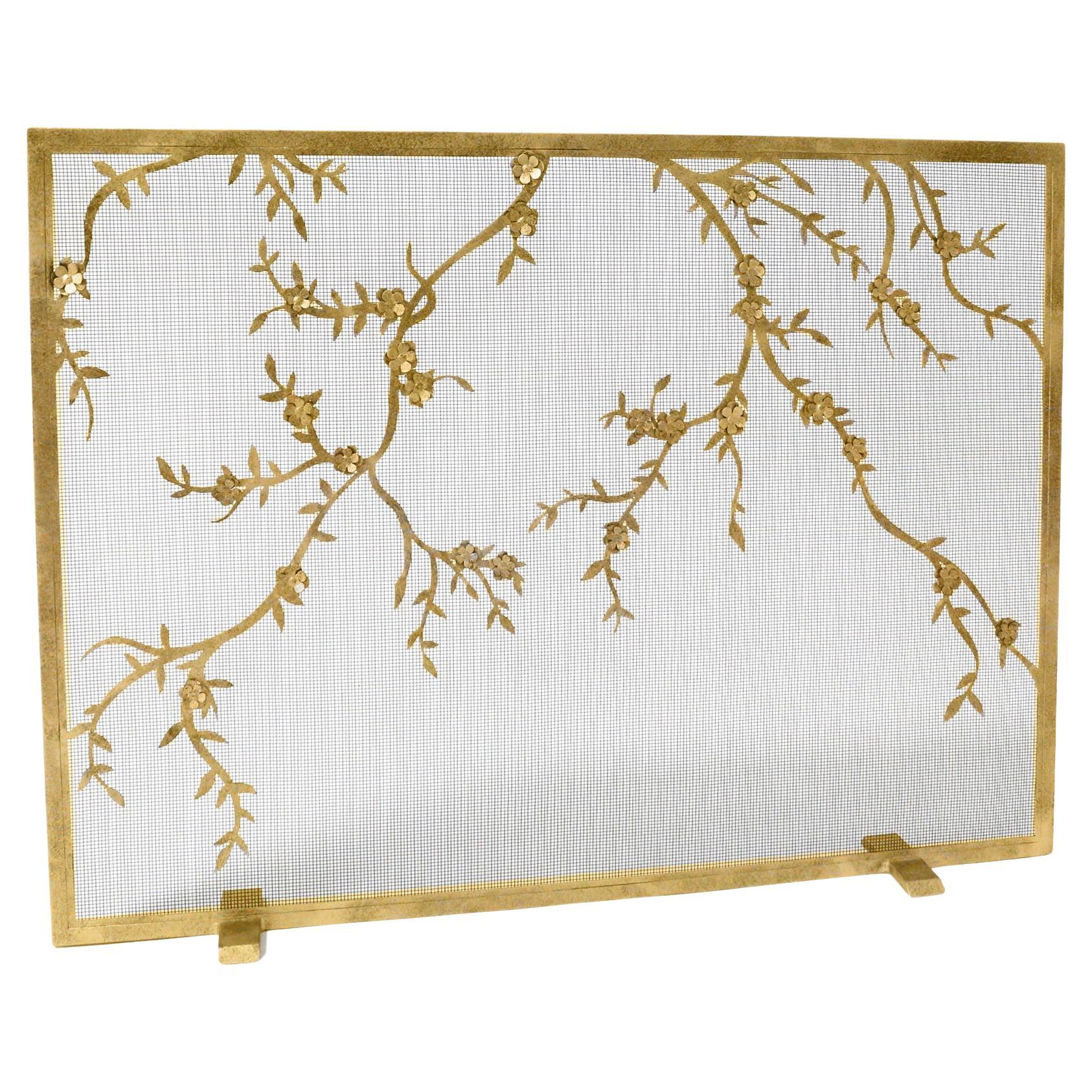 Plum Blossom Fireplace Screen in Brilliant Gold For Sale