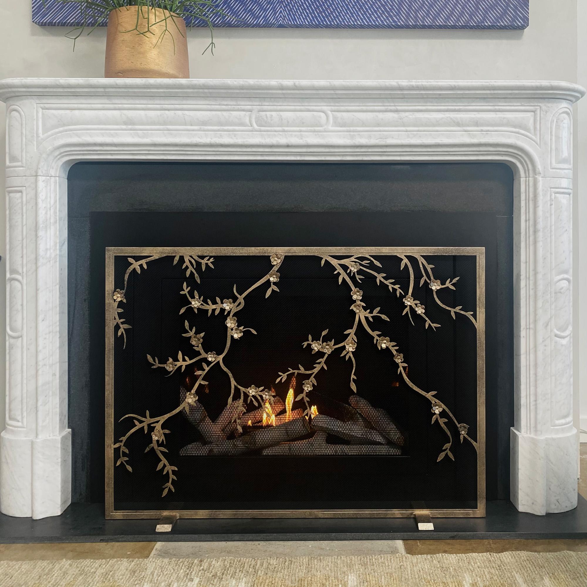 American Plum Blossom Fireplace Screen in Gold Rubbed Black For Sale