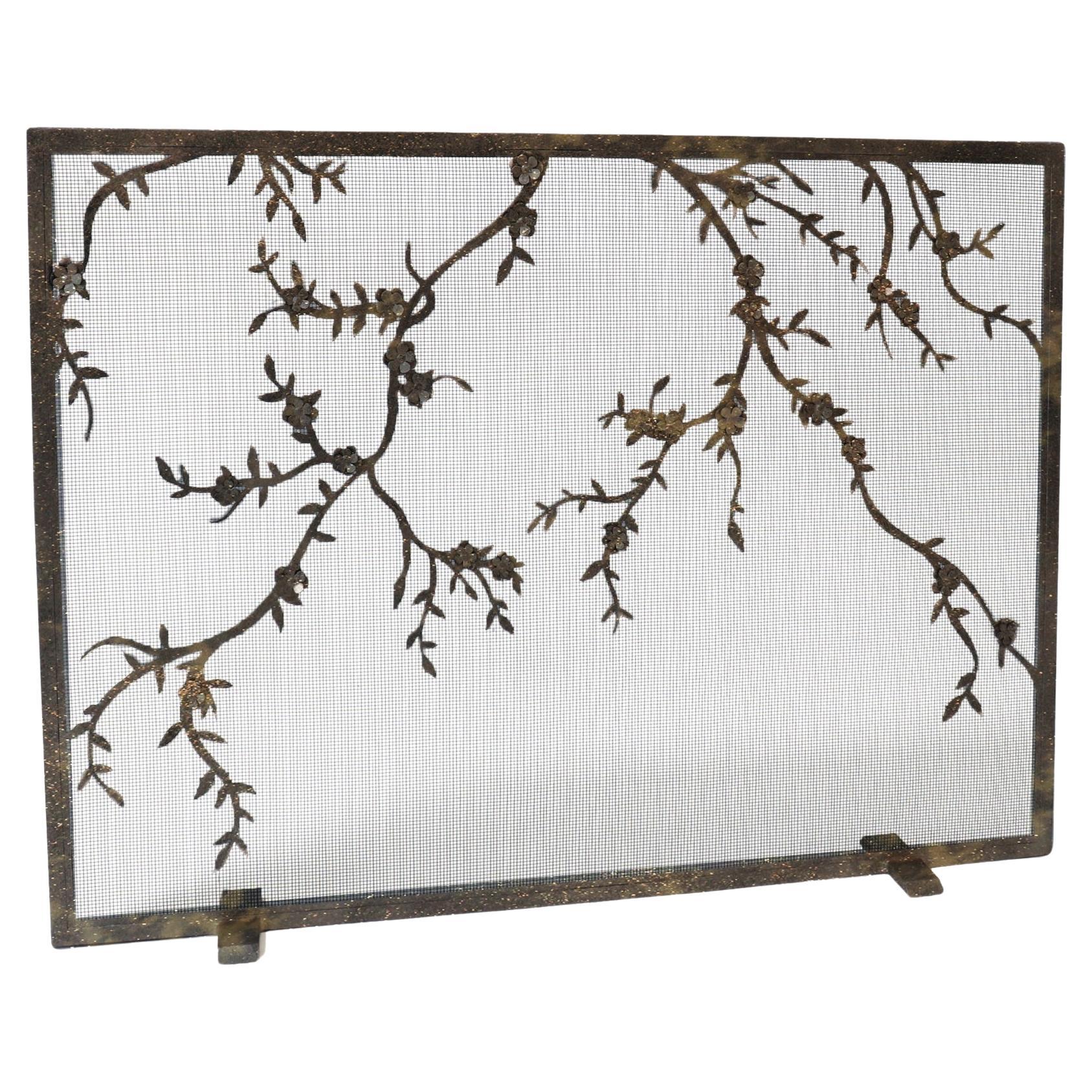 Plum Blossom Fireplace Screen in Gold Rubbed Black For Sale