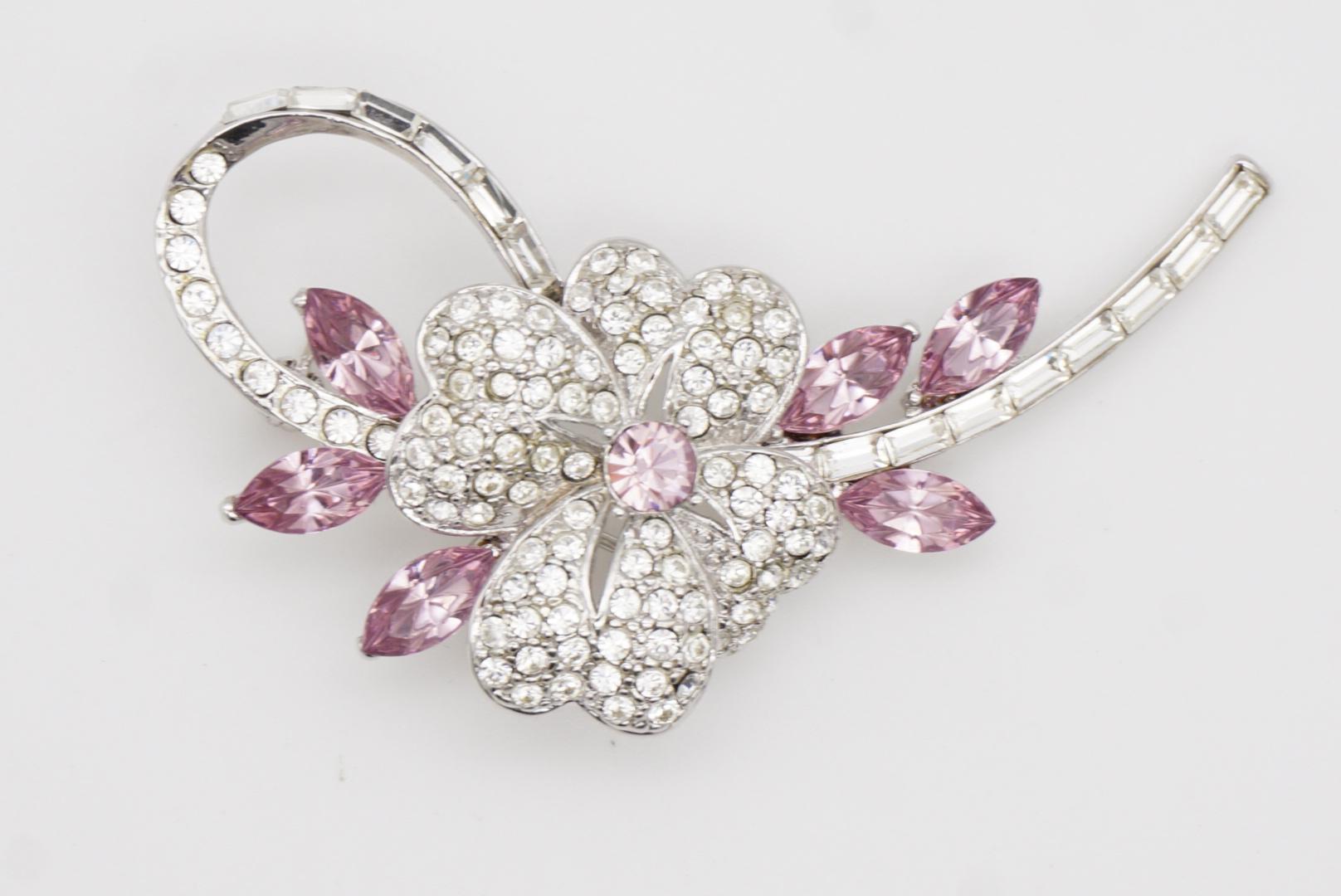 Plum Blossom Flower Pink Leaf Swirl Stem Whole Sparkling Crystals Silver Brooch 5