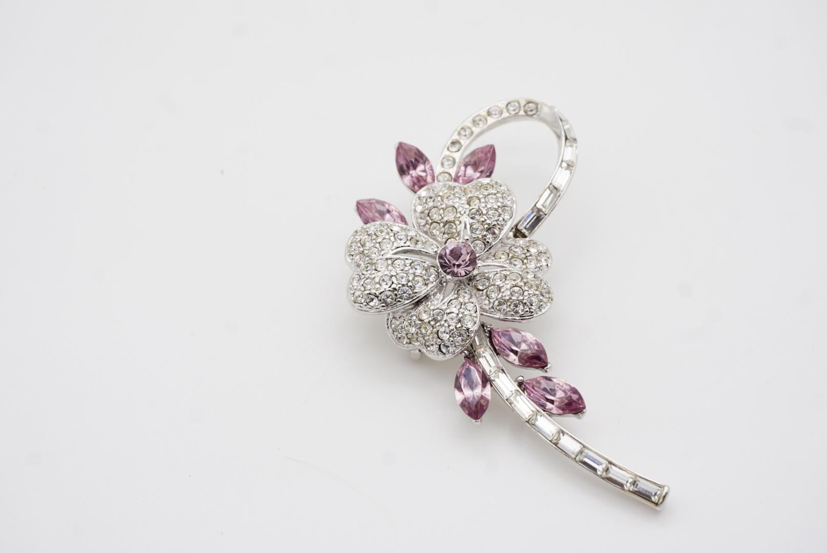Plum Blossom Flower Pink Leaf Swirl Stem Whole Sparkling Crystals Silver Brooch 6