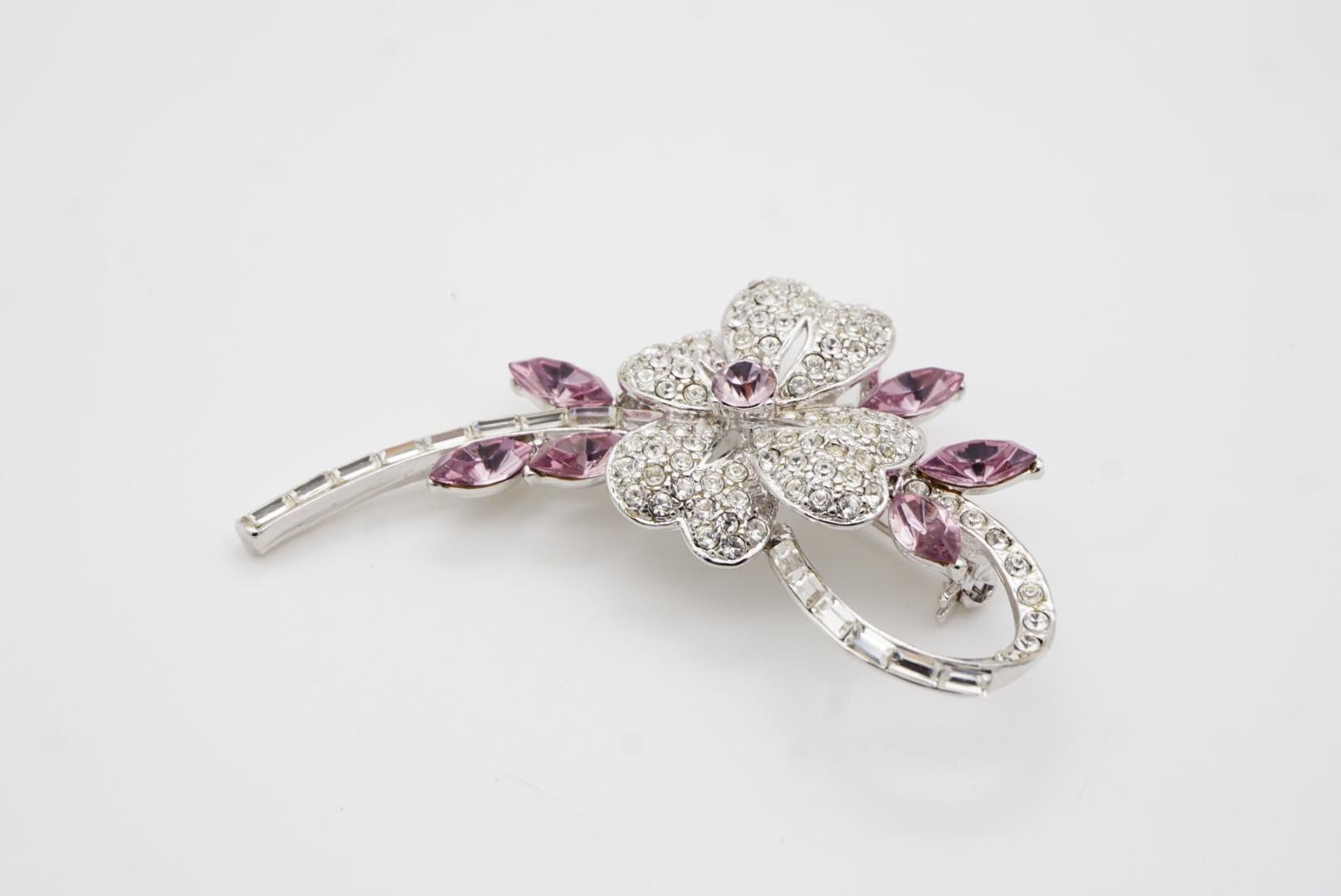 Plum Blossom Flower Pink Leaf Swirl Stem Whole Sparkling Crystals Silver Brooch 7