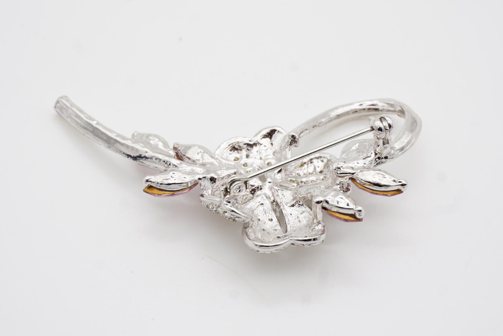 Plum Blossom Flower Pink Leaf Swirl Stem Whole Sparkling Crystals Silver Brooch 8