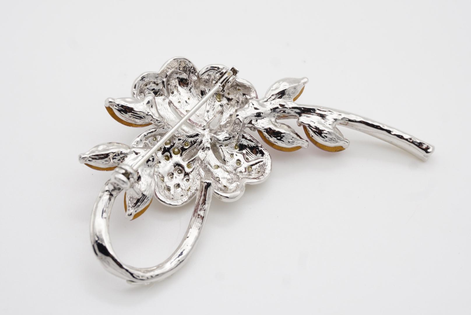 Plum Blossom Flower Pink Leaf Swirl Stem Whole Sparkling Crystals Silver Brooch 9