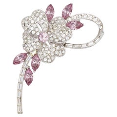 Plum Blossom Flower Pink Leaf Swirl Stem Whole Sparkling Crystals Silver Brooch