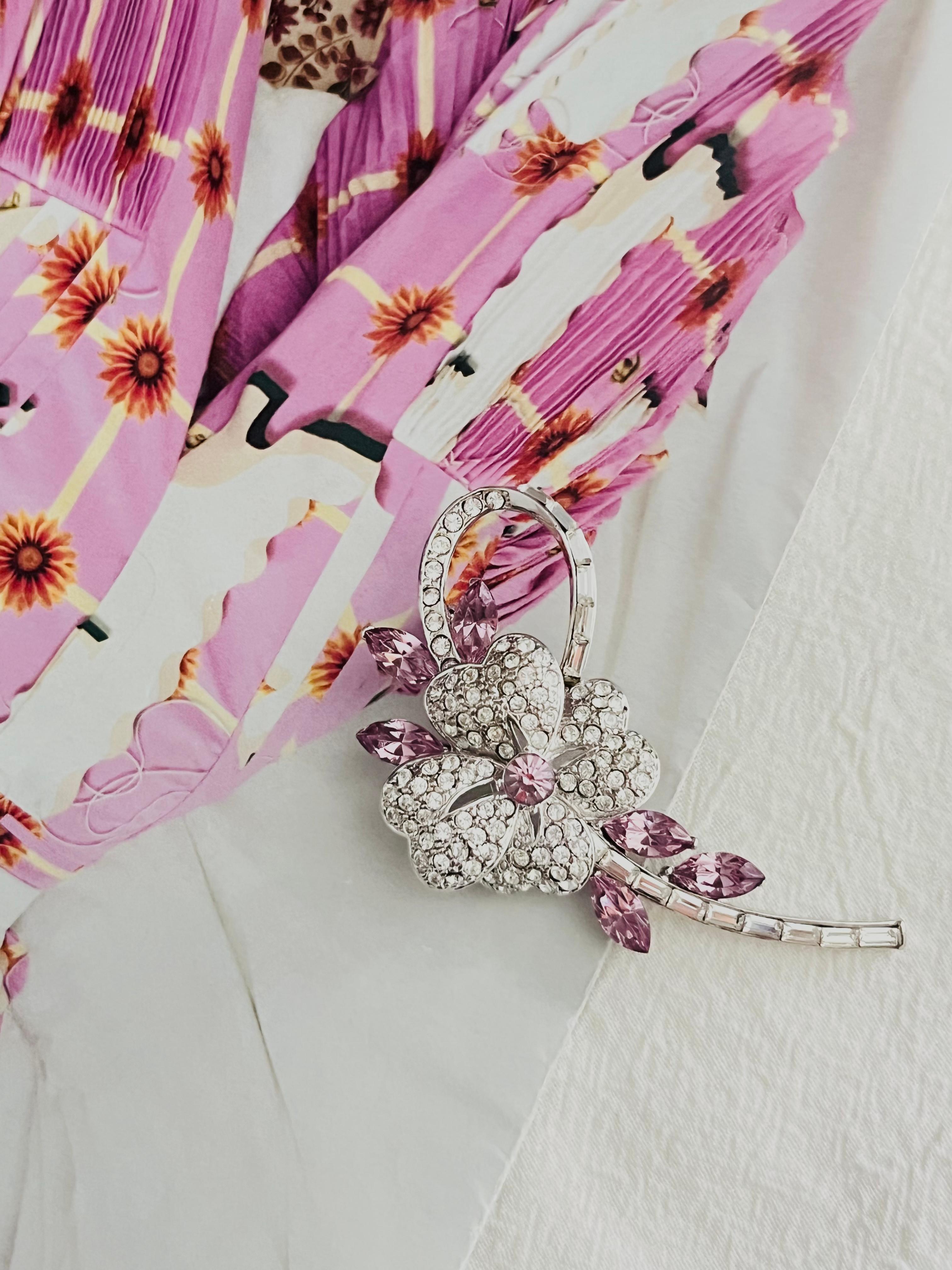 Art Deco Plum Blossom Flower Pink Leaf Swirl Stem Whole Sparkling Crystals Silver Brooch